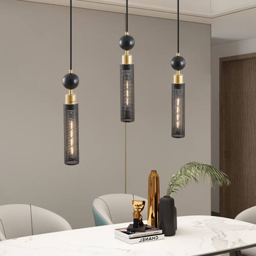 Angle. LUCKY ONE - 25in Hanging 3-Light Pendant Chandelier, Black Gold Adjustable Lights for Dining Room Kitchen Island - Black.