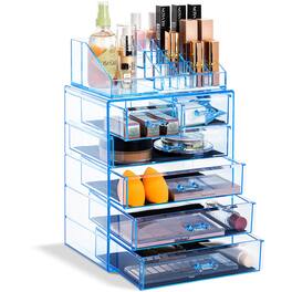 Sorbus - 2 Piece Acrylic Makeup and Jewelry Storage Organizer Case (6 Drawers and Lipstick Tray) - Blue