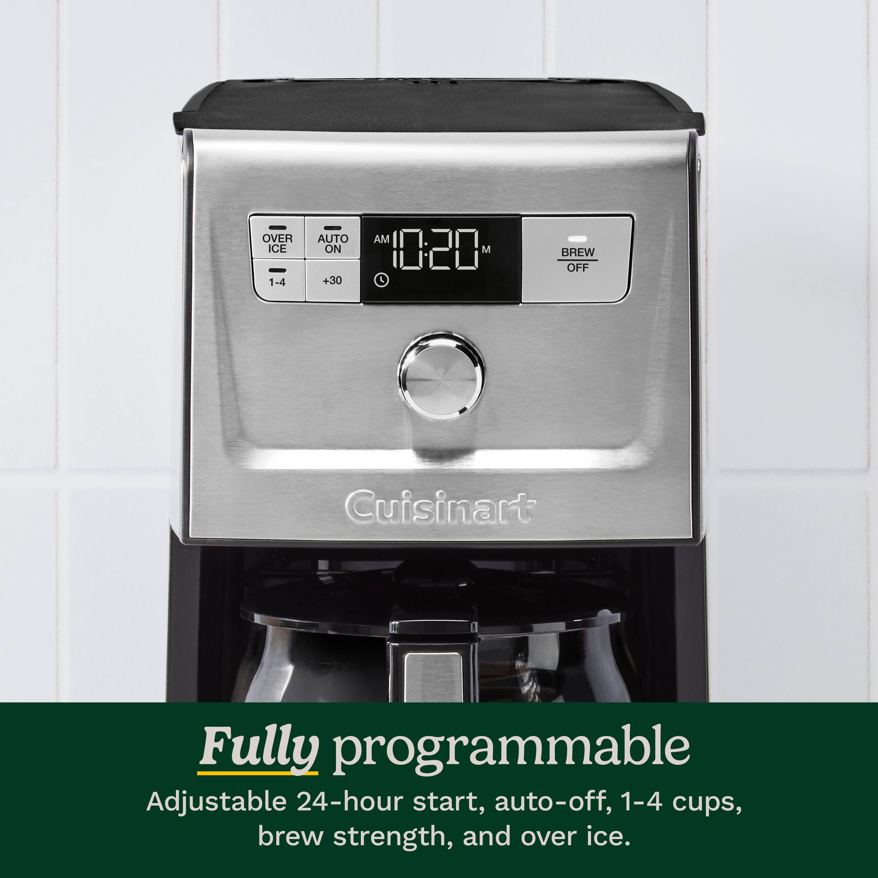 The text on the image is already correctly grouped and written. It reads: "Cuisinart Fully programmable Adjustable 24-hour start, auto-off, 1-4 cups, brew strength, and over ice."