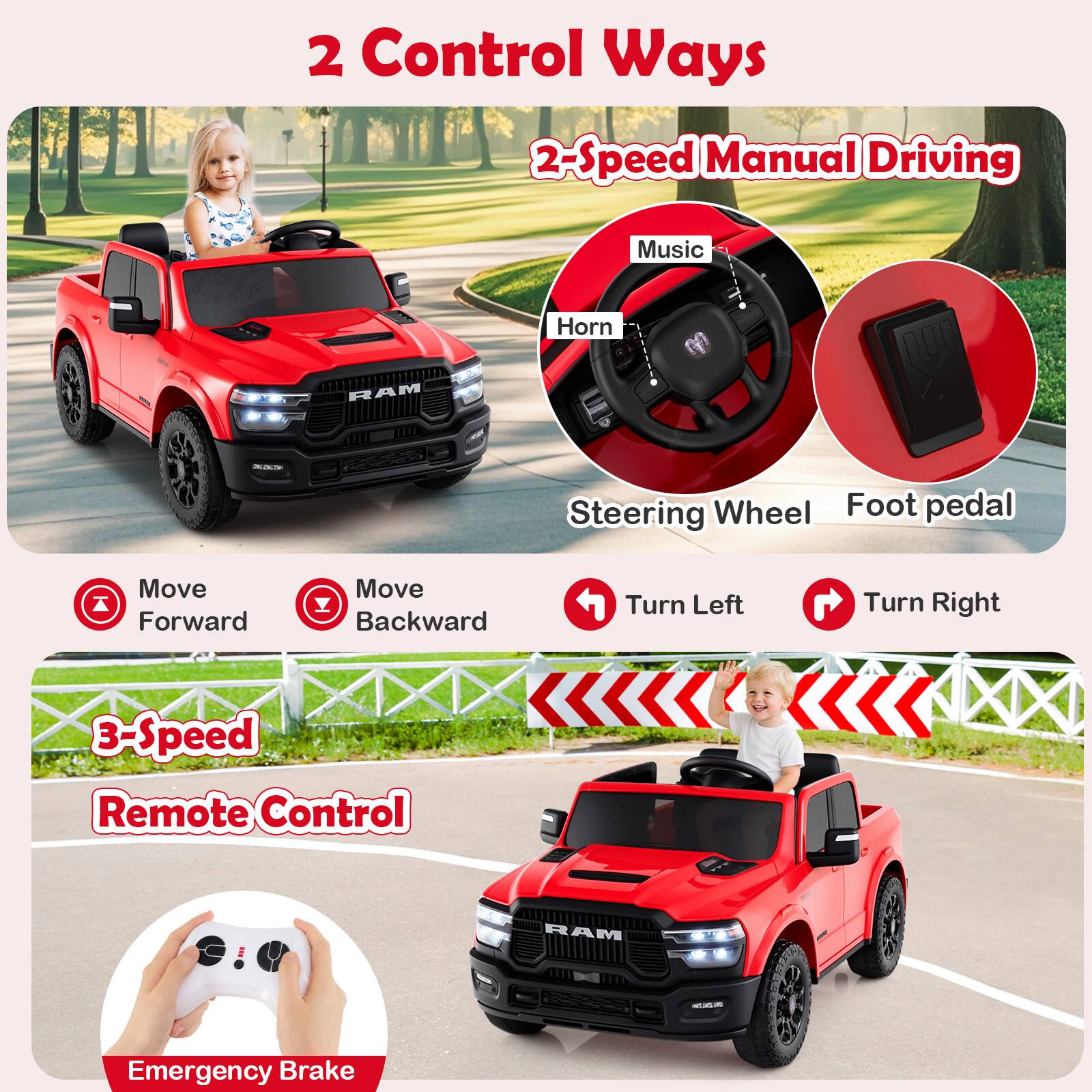 2 Control Ways

2-Speed Manual Driving
- Music
- Horn
- Steering Wheel
- Foot pedal
- Move Forward
- Move Backward
- Turn Left
- Turn Right

3-Speed Remote Control
- Emergency Brake