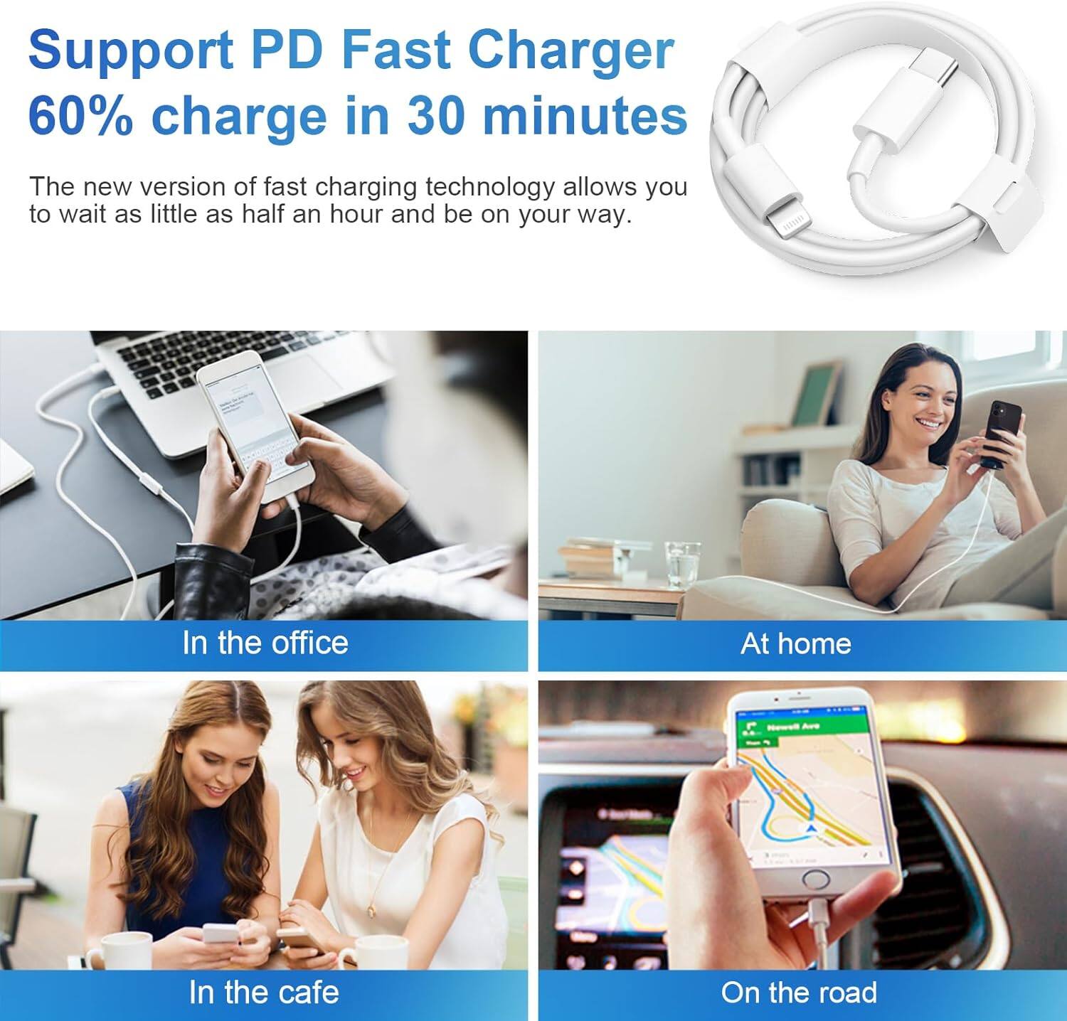Support PD Fast Charger  
60% charge in 30 minutes  

The new version of fast charging technology allows you to wait as little as half an hour and be on your way.  

In the office  
At home  
In the cafe  
On the road