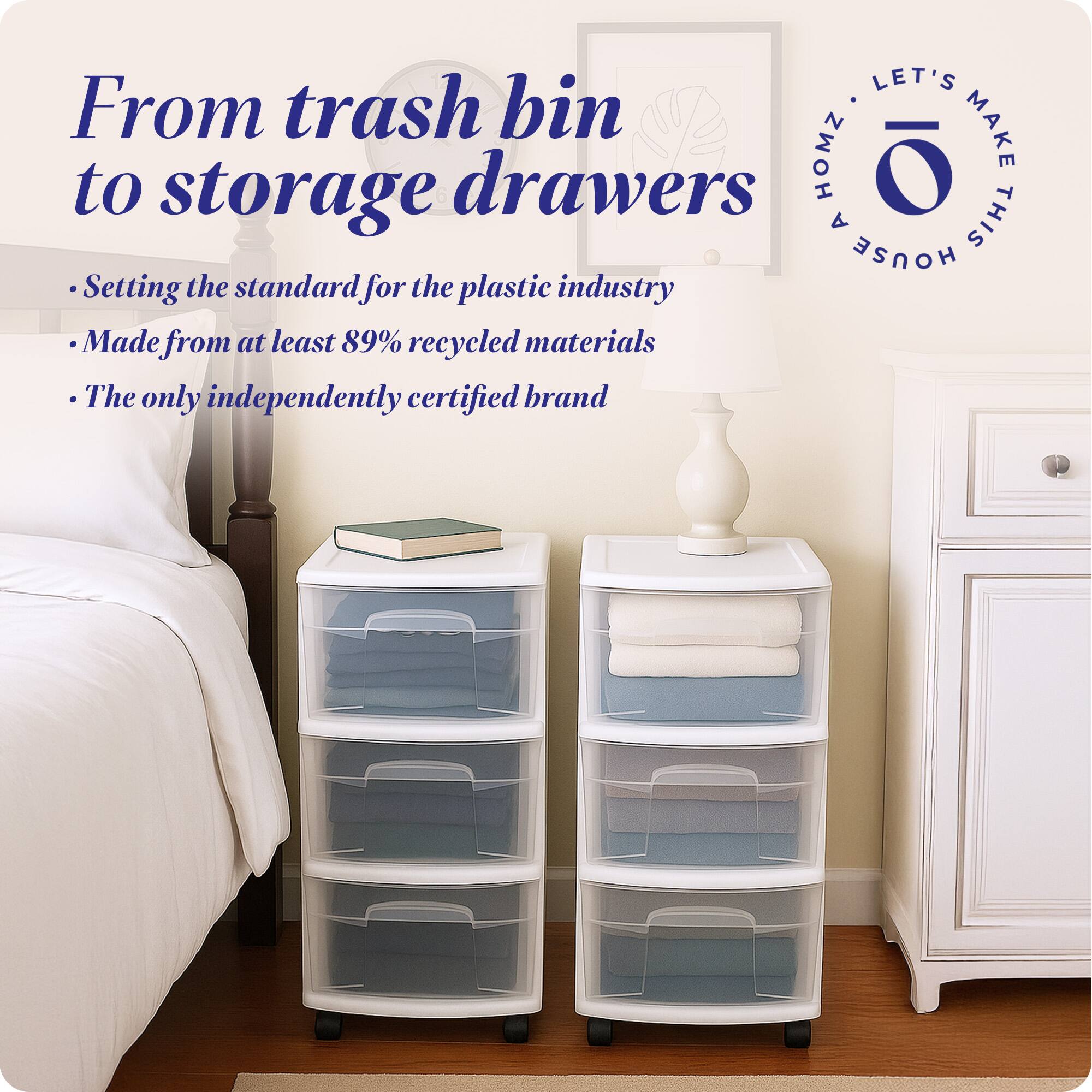From trash bin to storage drawers

- Setting the standard for the plastic industry
- Made from at least 89% recycled materials
- The only independently certified brand

LET'S MAKE THIS HOUSE HOMZ