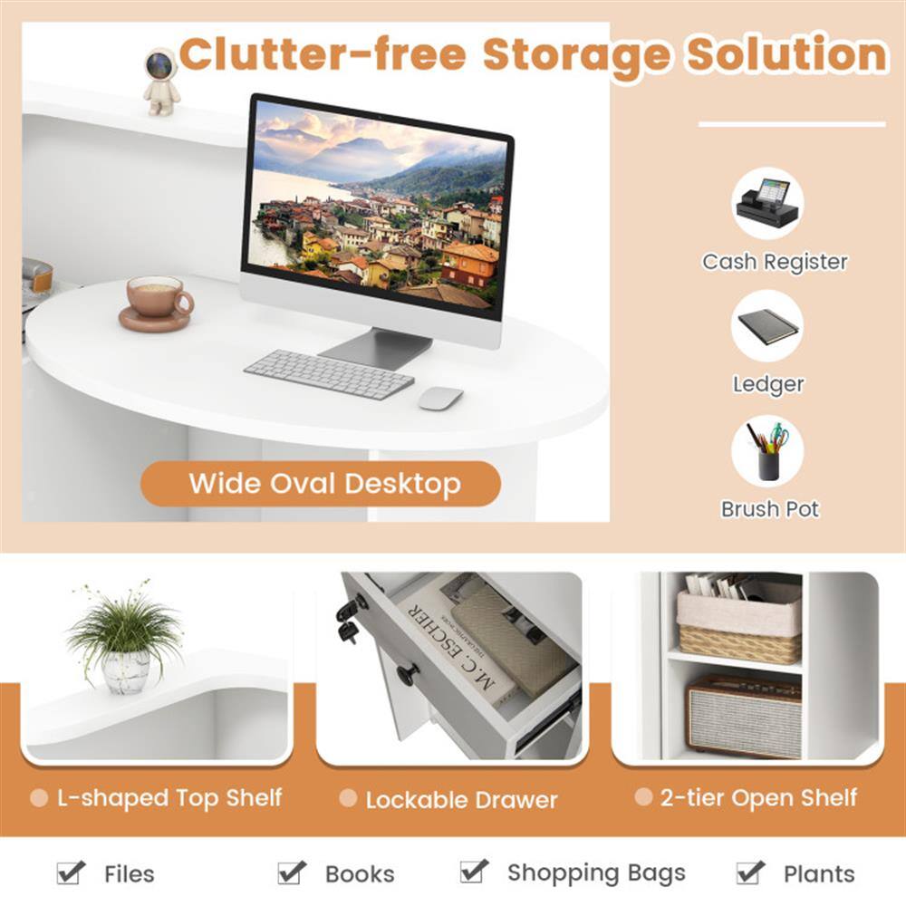 Clutter-free Storage Solution

Wide Oval Desktop

- Cash Register
- Ledger
- Brush Pot

L-shaped Top Shelf

Lockable Drawer

2-tier Open Shelf

- Files
- Books
- Shopping Bags
- Plants