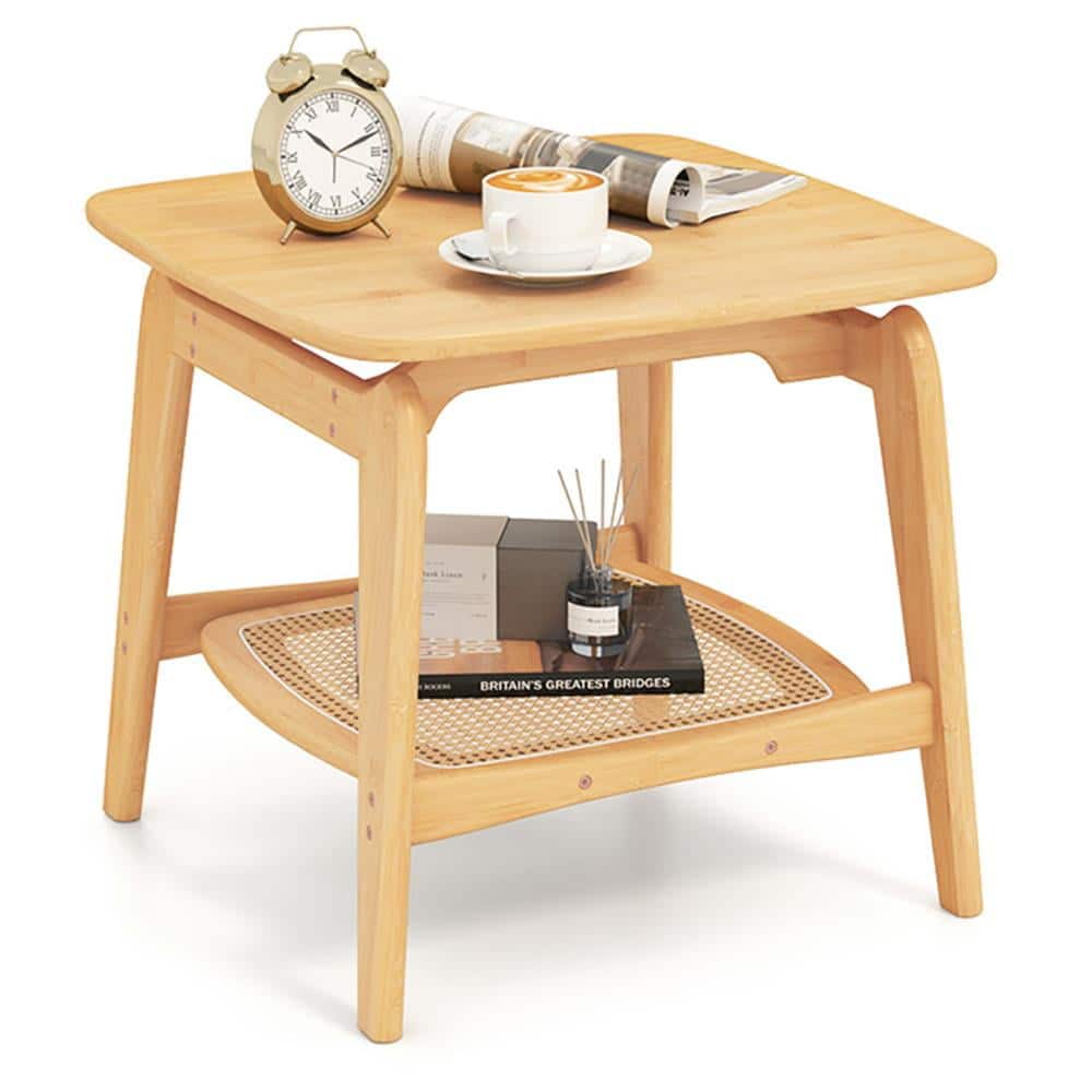 Resenkos - Sofa Side End Table, End Table, Couch Table,Boho Bamboo Sofa Side Table with Faux Rattan Storage Shelf-Natural - Beige