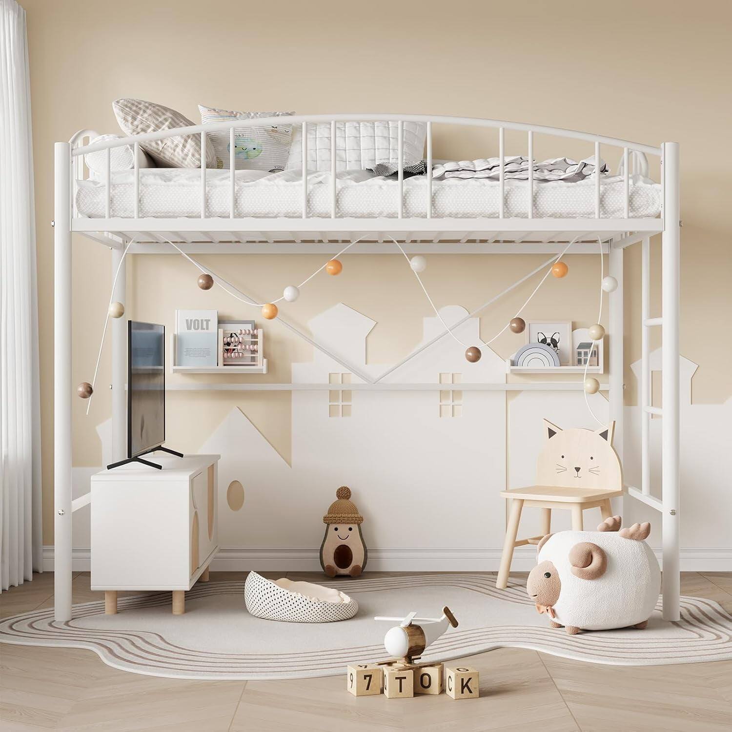 Alt View 3. GARVEE - Twin Loft Bed White Heavy Duty Metal Frame Arched Guardrail Safety Ladder - White Twin.