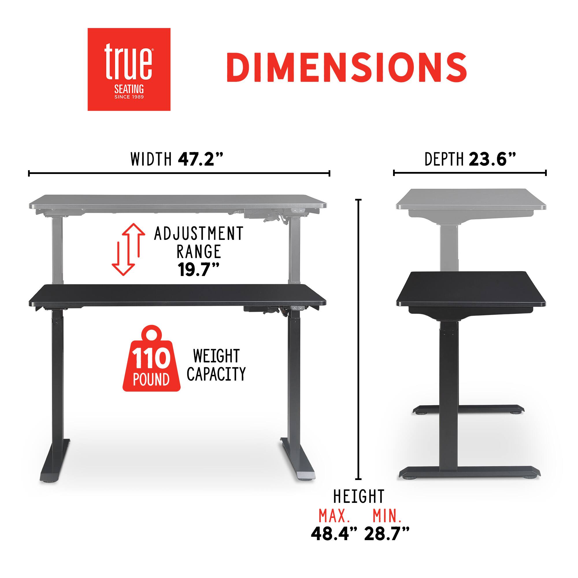The image showcases a table with a weight capacity of 110 pounds. The table has a width of 47.2" and a depth of 23.6". The adjustment range is 19.7", and the height can be adjusted to a maximum of 48.4" and a minimum of 28.7".
