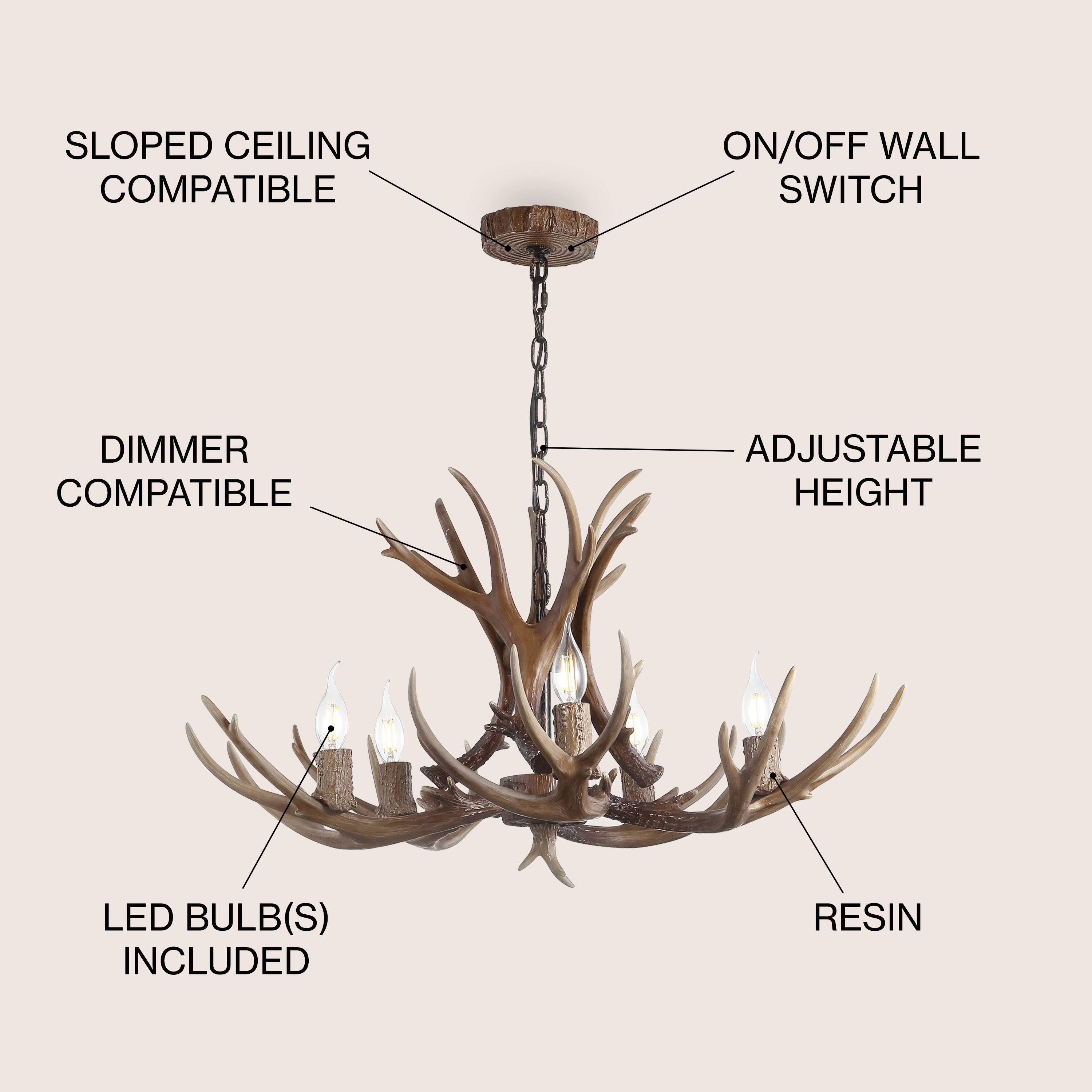 SLOPED CEILING COMPATIBLE  
ON/OFF WALL SWITCH  
DIMMER COMPATIBLE  
ADJUSTABLE HEIGHT  
LED BULB(S) INCLUDED  
RESIN