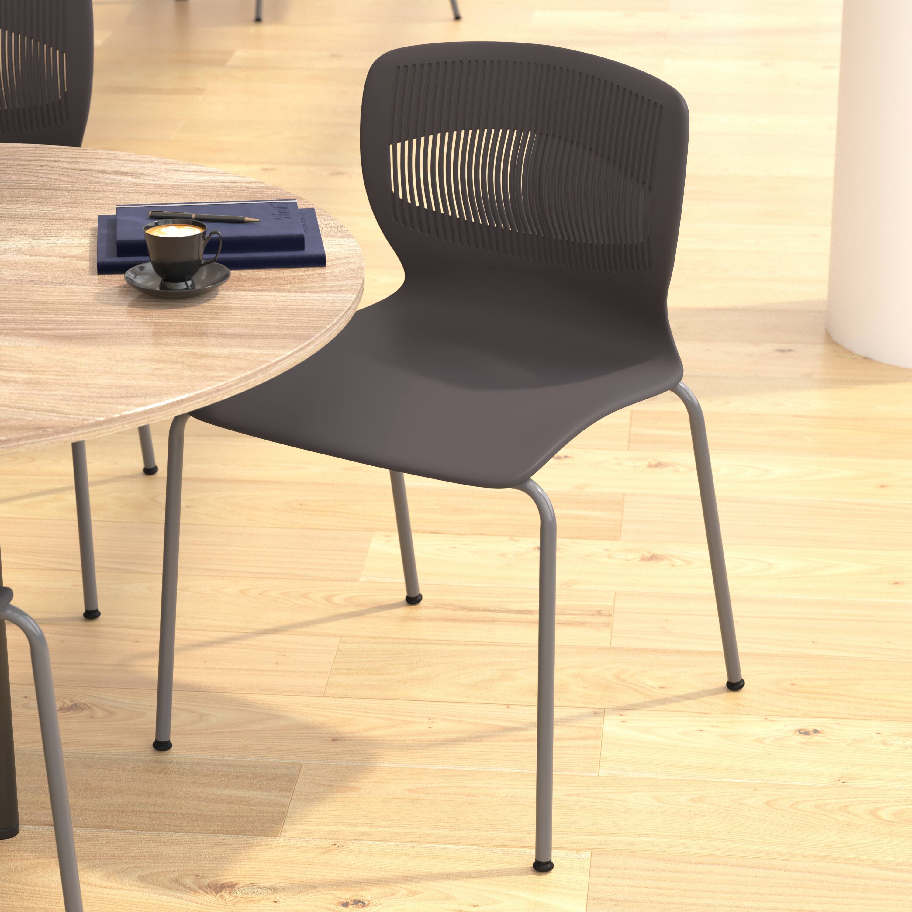 Alt View 4. Emma + Oliver - Heavy Duty 770 lb. Capacity Plastic Stack Chair with Steel Sled Base - Gray.