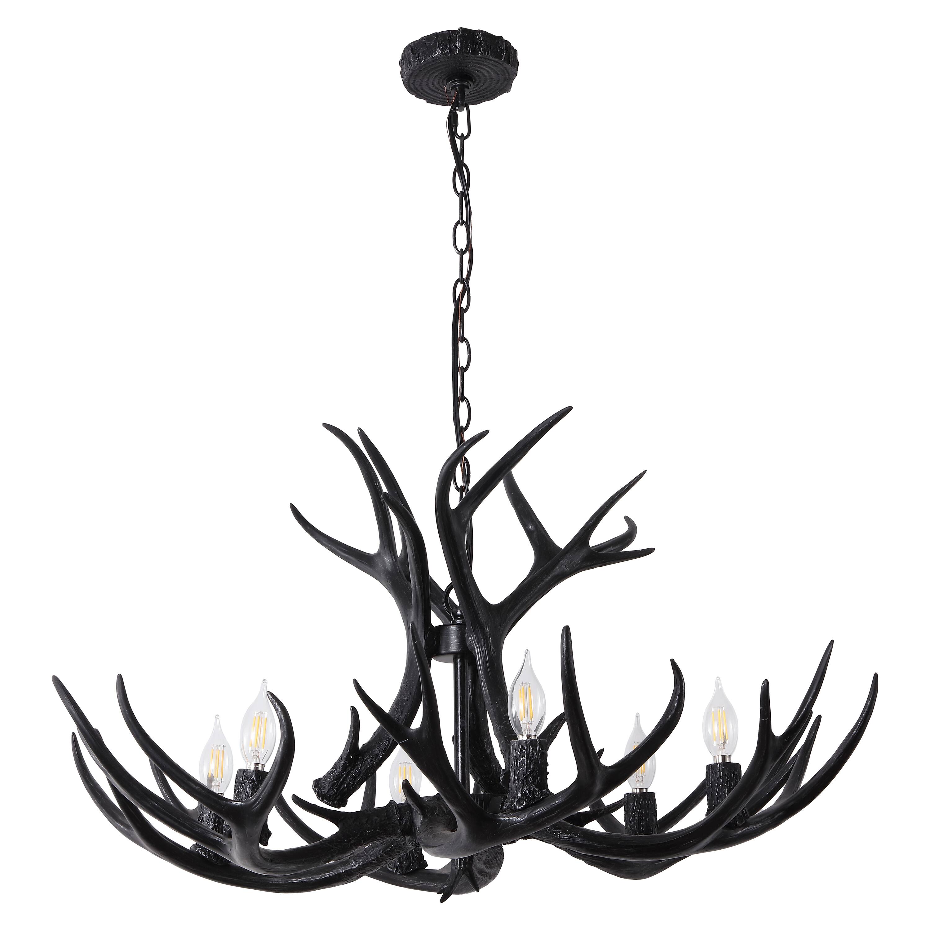 Alt View 7. Jonathan Y - Eldora 33" 6-Light Rustic Farmhouse Adjustable Resin Antler LED Chandelier, Black - Black.