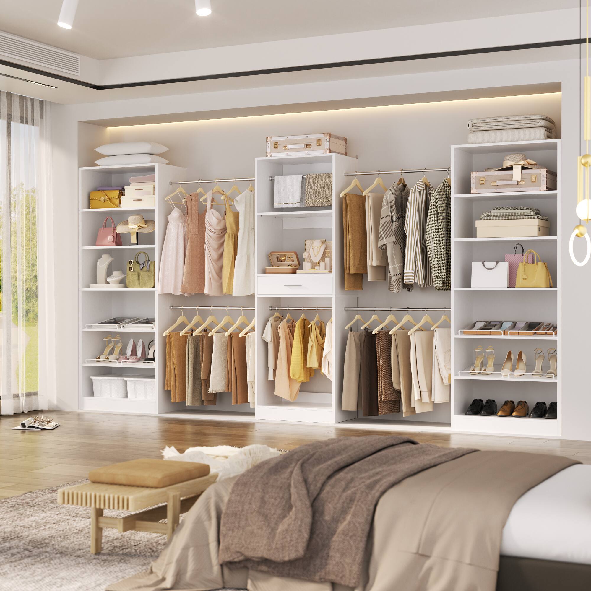 Alt View 2. Aheaplus - 146'' Closet System 3-Piece Set, Wardrobe System with Hanging Rods, Drawer and Adjustable Shelves - White.