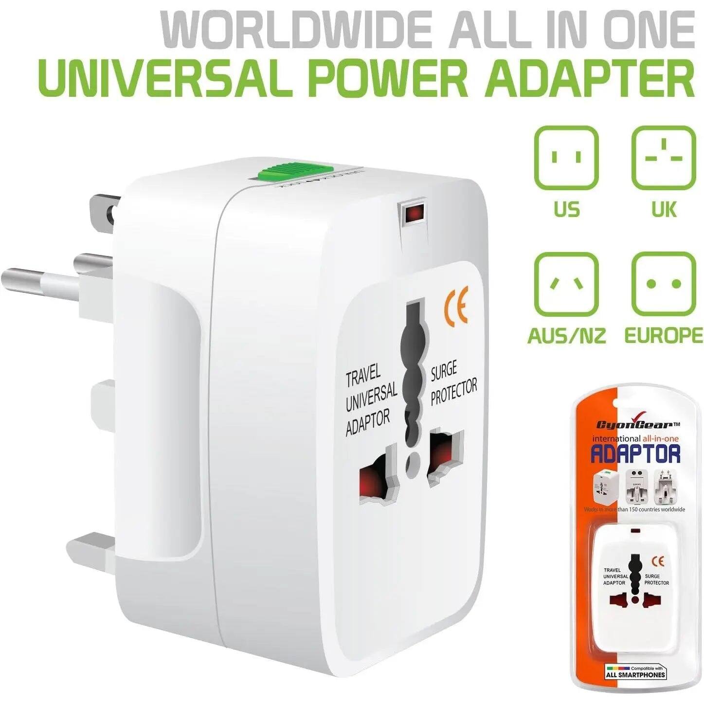 WORLDWIDE ALL IN ONE UNIVERSAL POWER ADAPTER US UK CE TRAVEL SURGE UNIVERSAL PROTECTOR ADAPTOR AUS/NZ EUROPE Buontoar international all-in-one ADAPTOR - ahun THe untries worideide TRL UNIVERSAL ASPIO CE n PROIELI - ALL SMARTPHONES