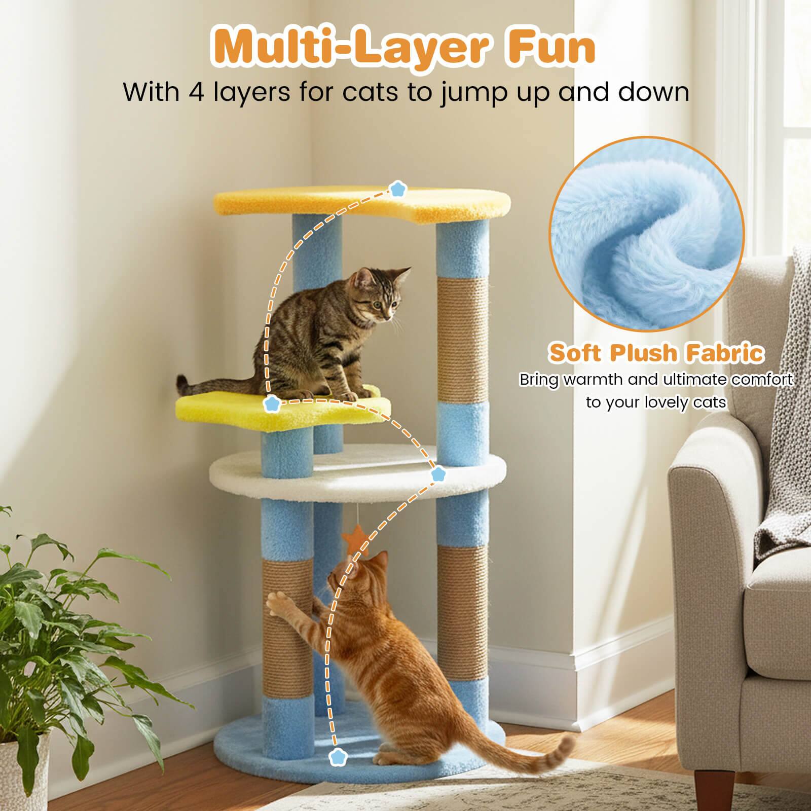 Multi-Layer Fun  
With 4 layers for cats to jump up and down  

Soft Plush Fabric  
Bring warmth and ultimate comfort to your lovely cats
