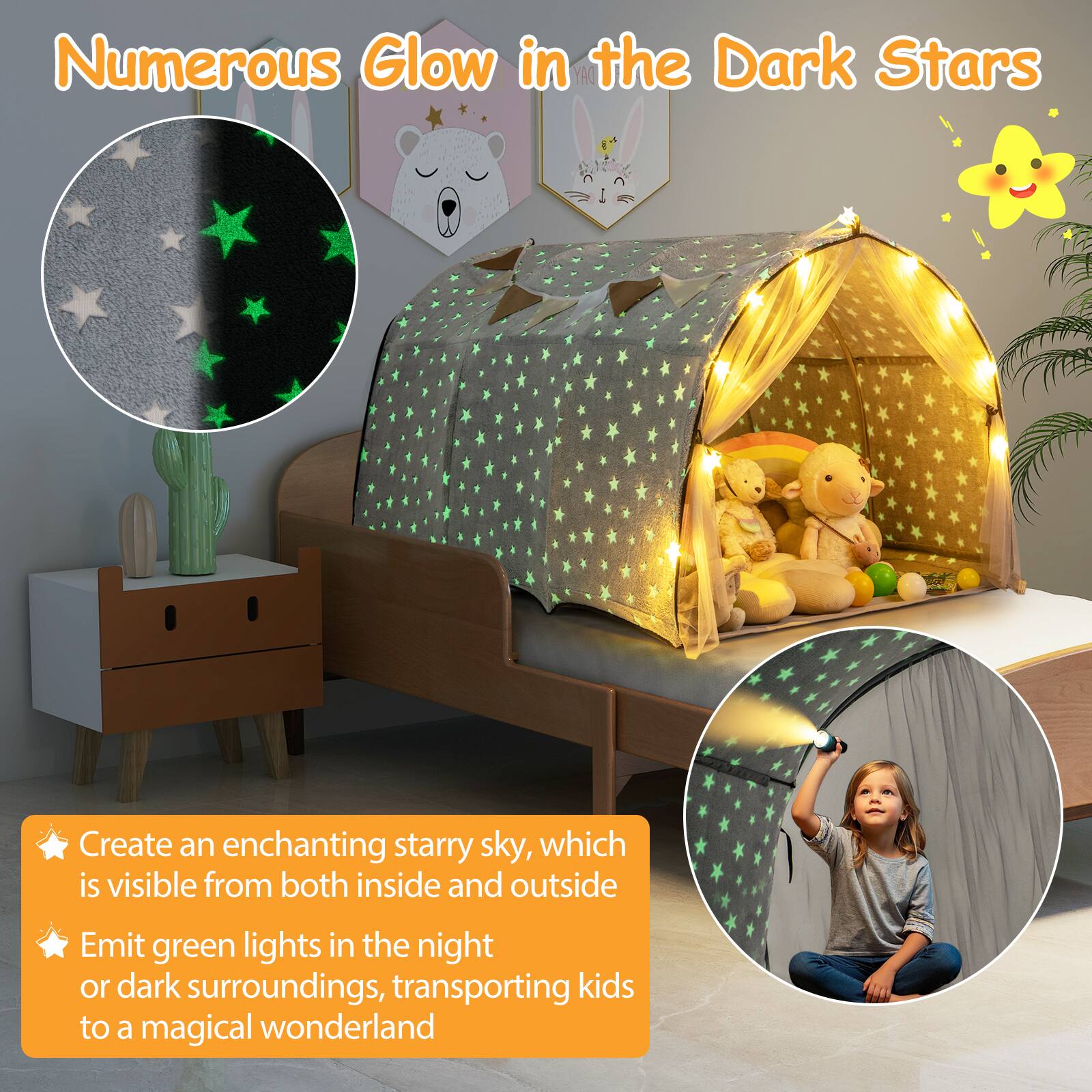 Numerous Glow in the Dark Stars

- Create an enchanting starry sky, which is visible from both inside and outside
- Emit green lights in the night or dark surroundings, transporting kids to a magical wonderland