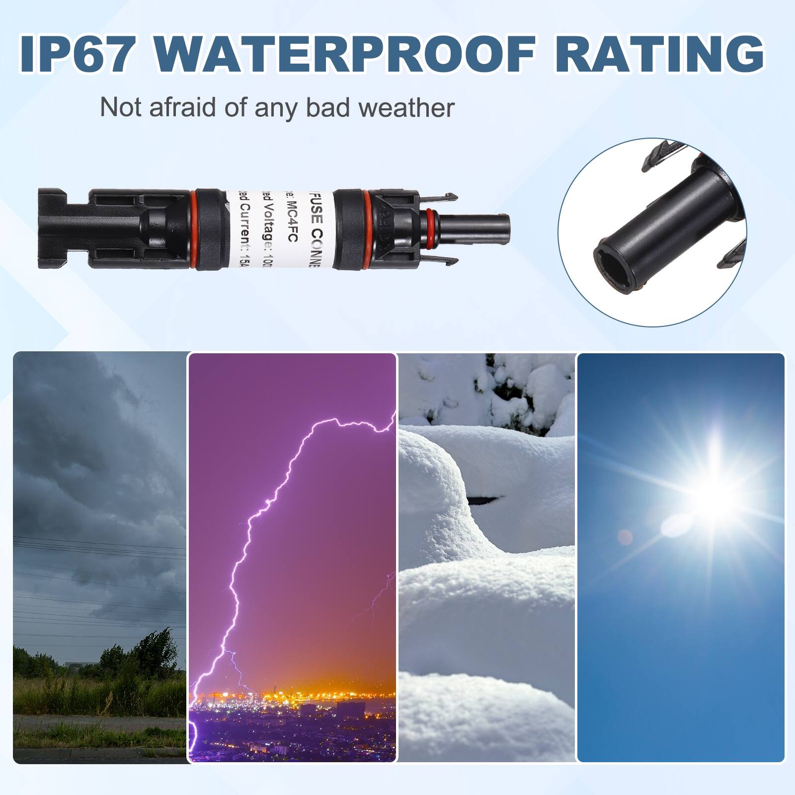 IP67 WATERPROOF RATING  
Not afraid of any bad weather  

Current: 15A  
Voltage: 100V - MC4FC  
FUSE CONNE