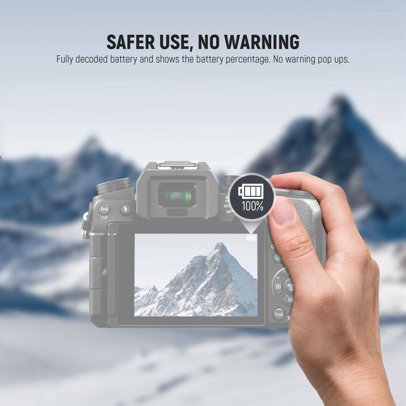 SAFER USE, NO WARNING  
Fully decoded battery and shows the battery percentage. No warning pop ups.
