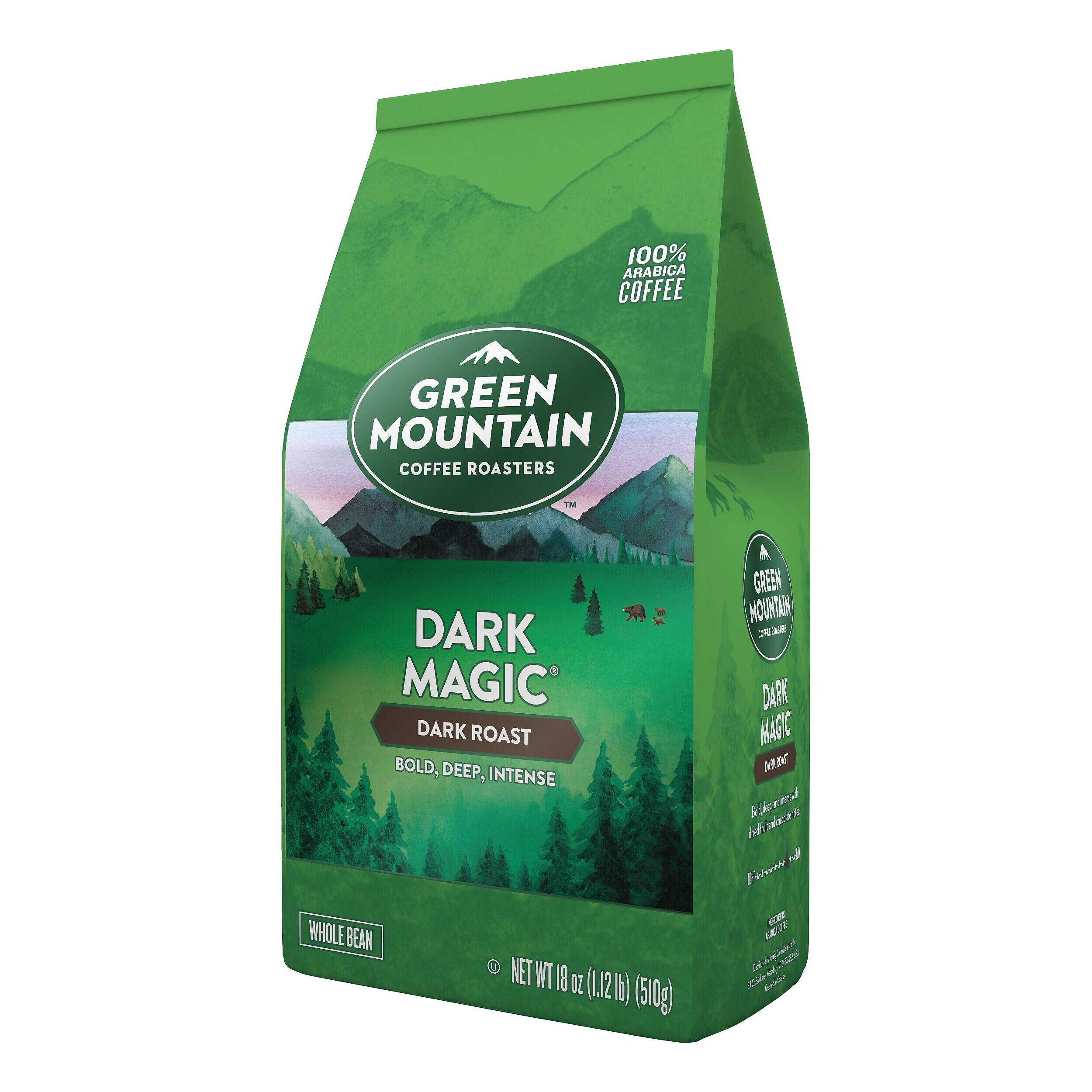 100% ARABICA COFFEE GREEN MOUNTAIN COFFEE ROASTERS DARK MAGIC DARK ROAST BOLD, DEEP, INTENSE WHOLE BEAN 1 NET WT 18 OZ. (1.12 lb) (510g)