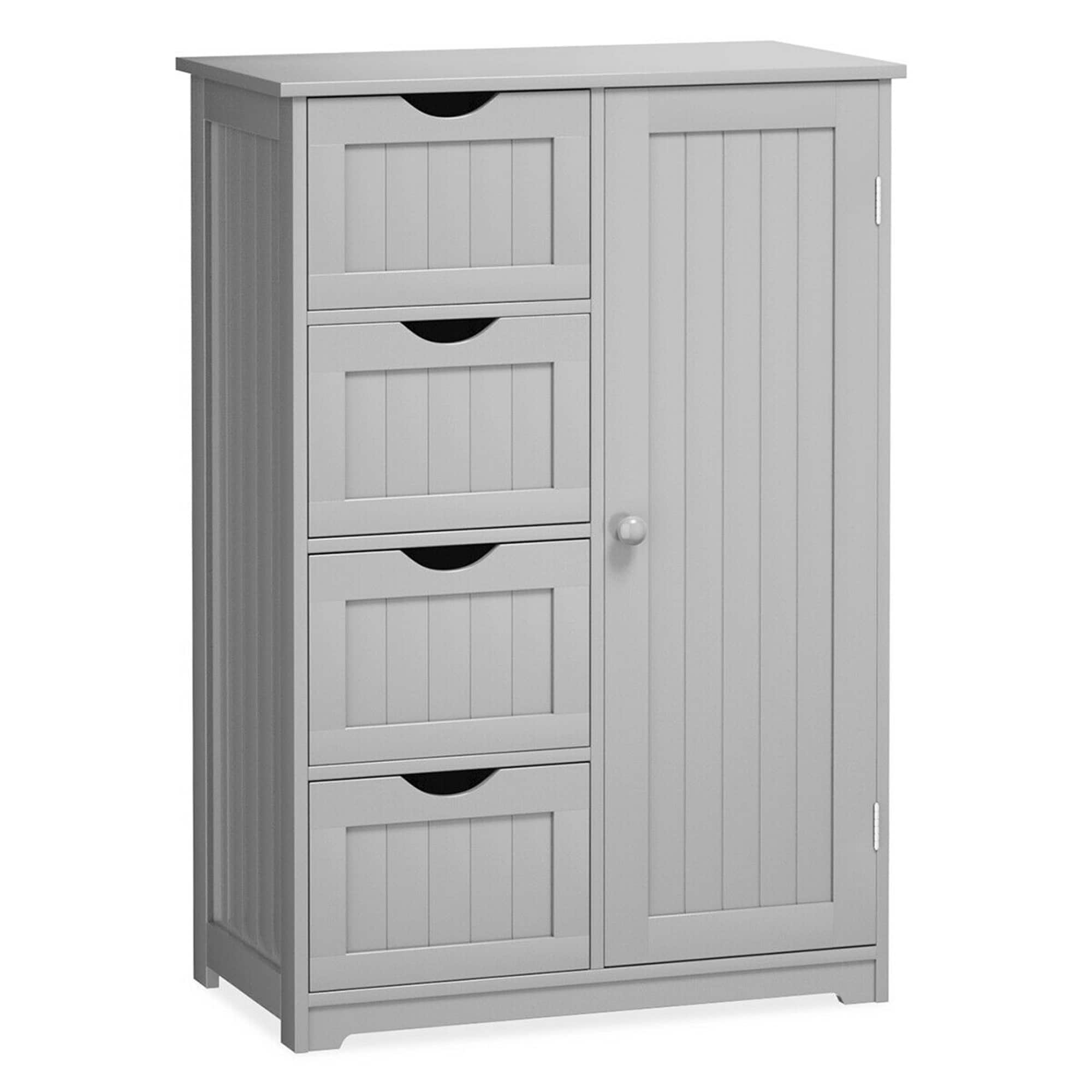 Gymax - Bathroom Floor Cabinet Storage Organizer Cupboard w/ 4 Drawers Adjustable Shelf Grey - Gray