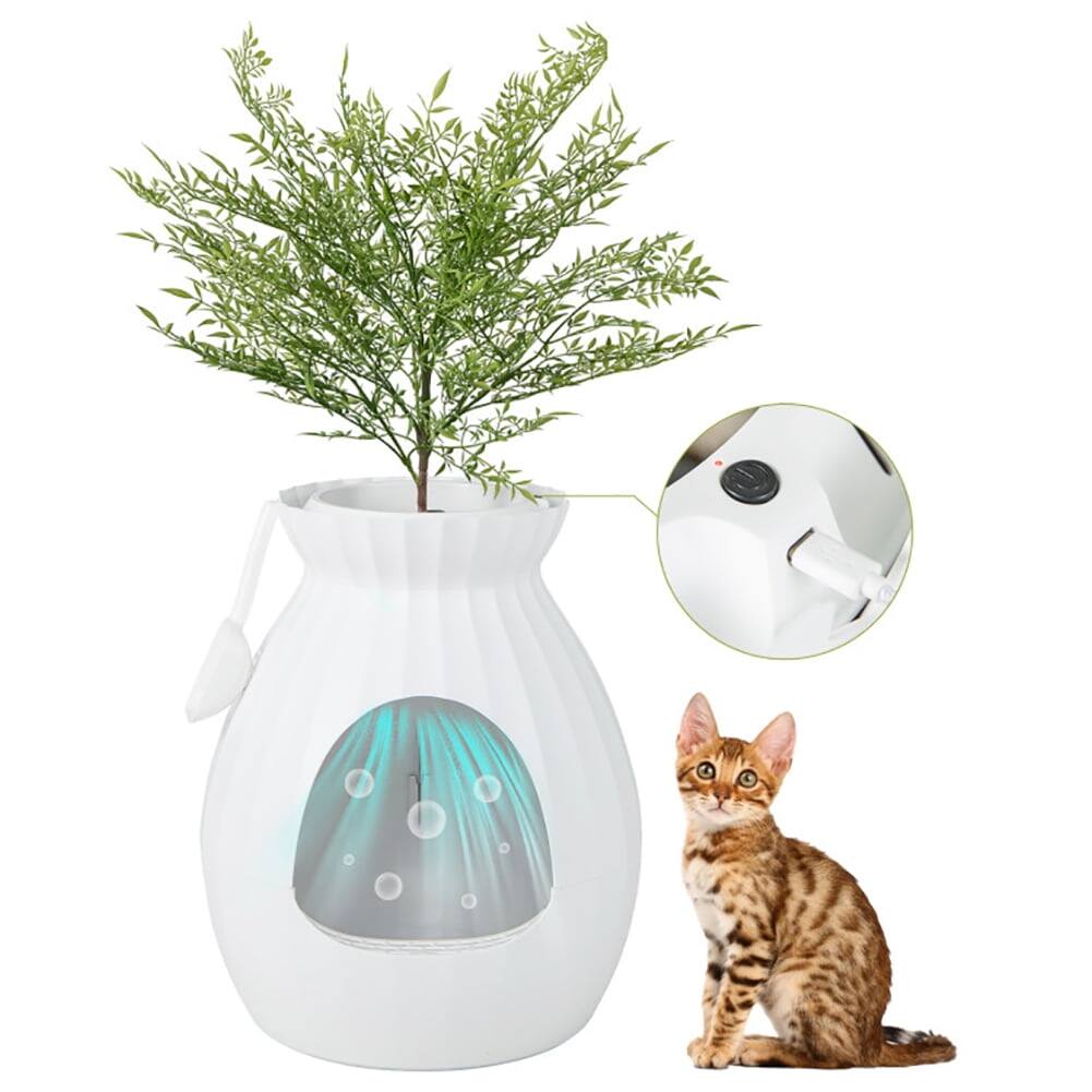 Left. Pefilos - Smart Plant Cat Litter Box with Electronic Odor Removal and Sterilization-White, Cat Litter Box Enclosure , Hidden Cat - White.