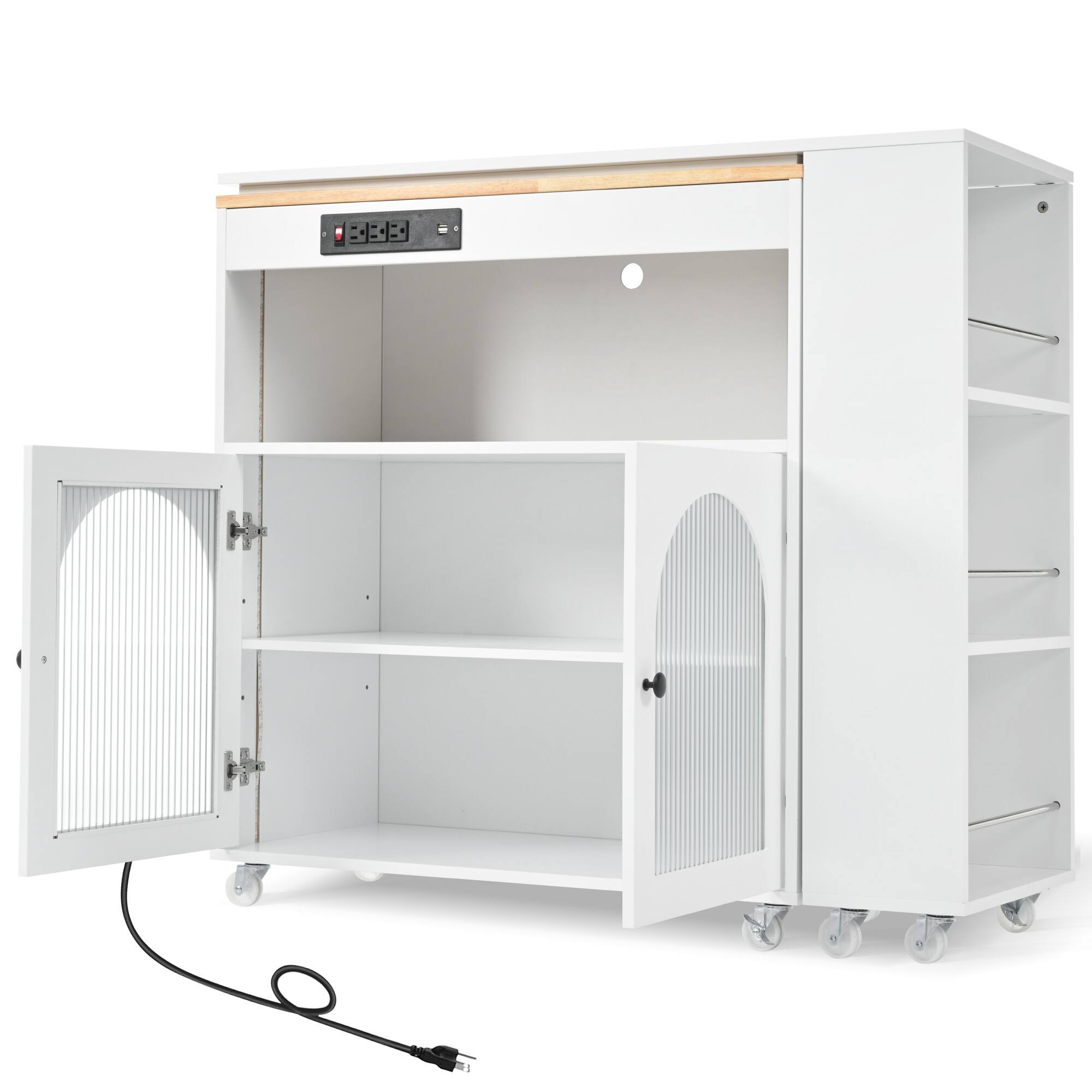 Alt View 9. PexFix - Rolling Kitchen Island Cart with Extended Table, LED Lighting and Power Outlets - White.