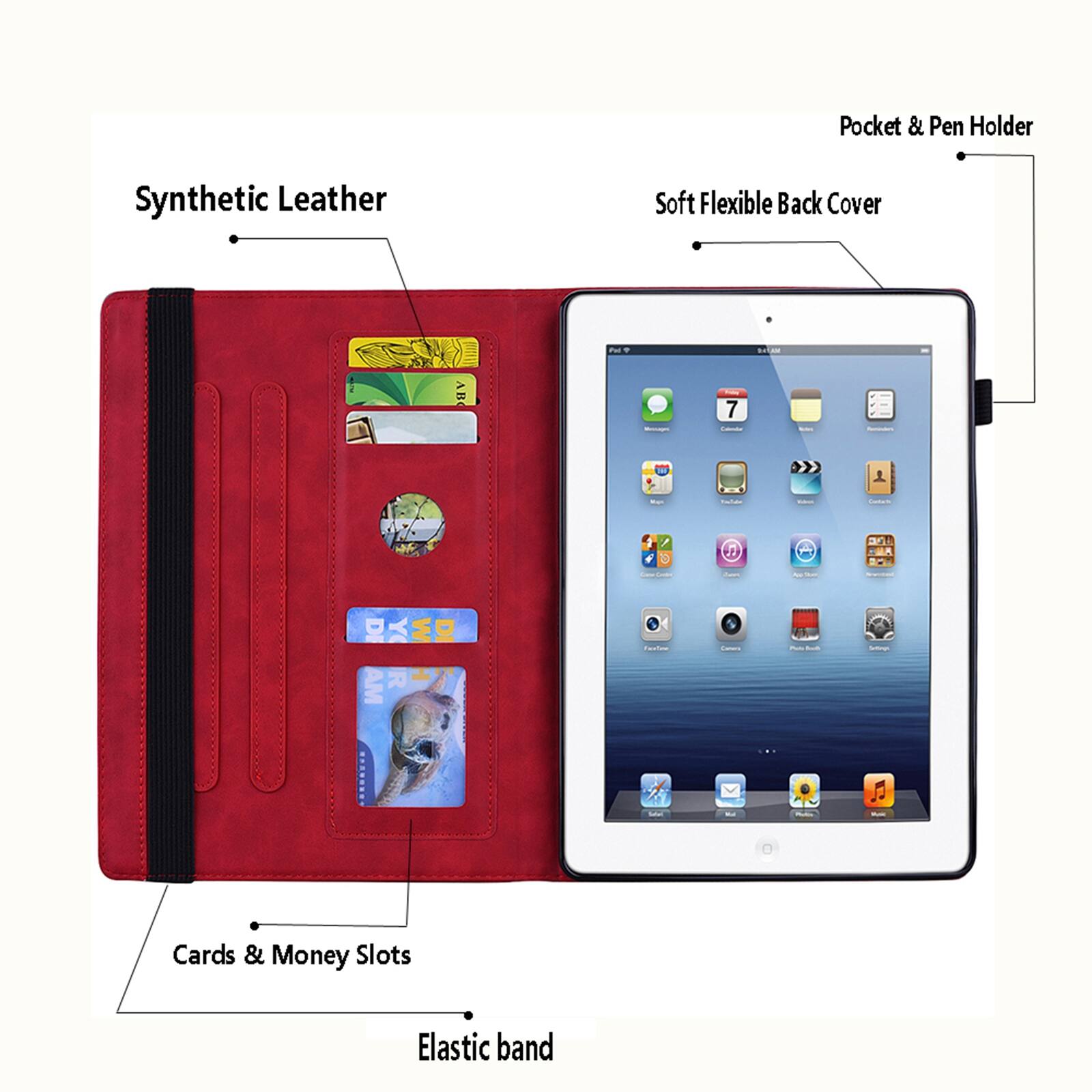 Pocket & Pen Holder Synthetic Leather Soft Flexible Back Cover ~u - V - 7 - - - 1    - -  AM  - - - - Cards & Money Slots Elastic band