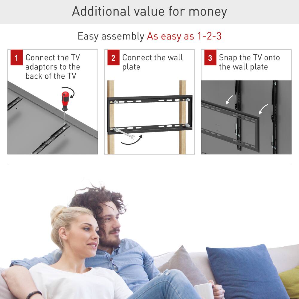 Additional value for money

Easy assembly  
As easy as 1-2-3

1. Connect the TV adaptors to the back of the TV  
2. Connect the wall plate  
3. Snap the TV onto the wall plate