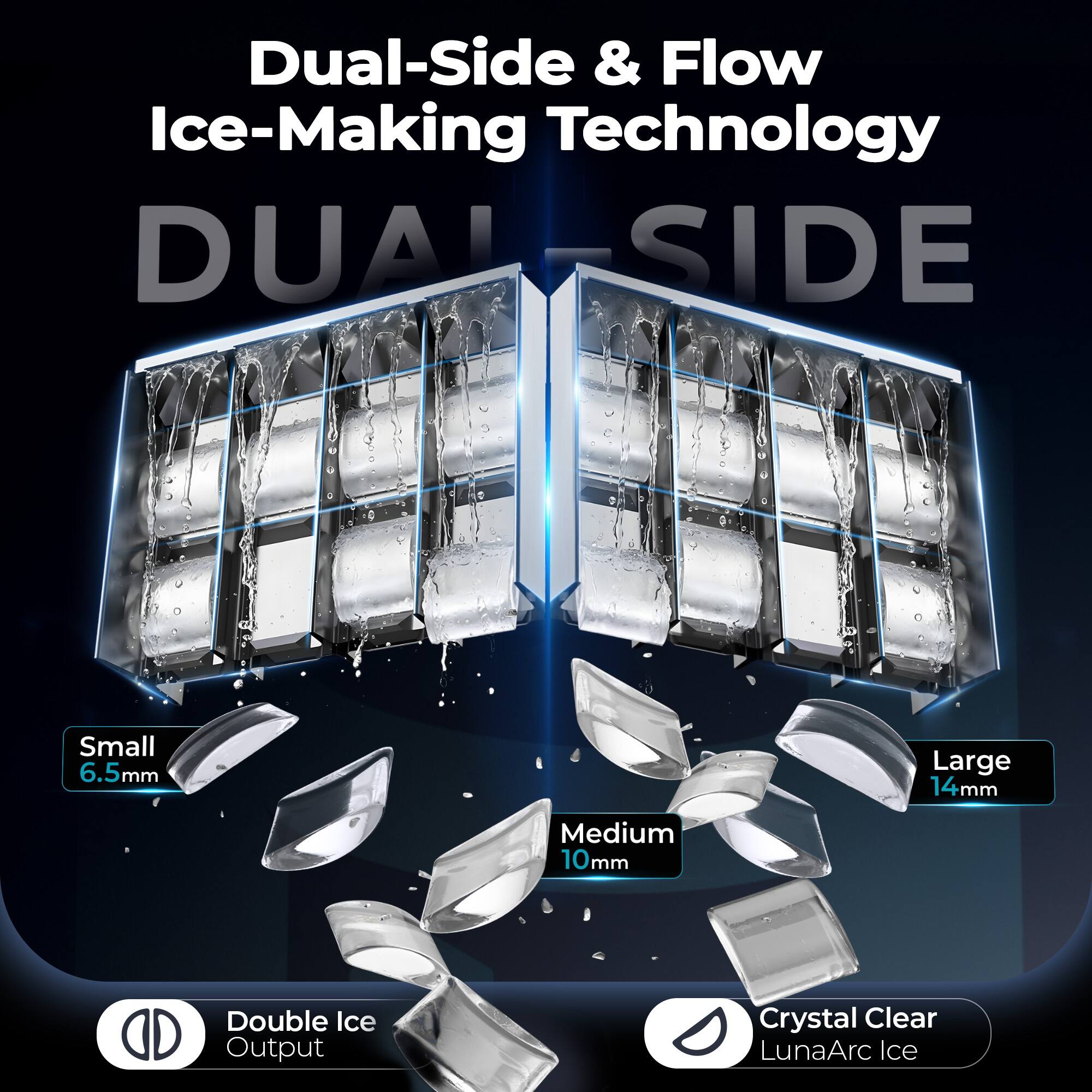 Dual-Side & Flow Ice-Making Technology

DUAL SIDE

Small 6.5mm  
Medium 10mm  
Large 14mm

Double Ice Output  
Crystal Clear LunaArc Ice