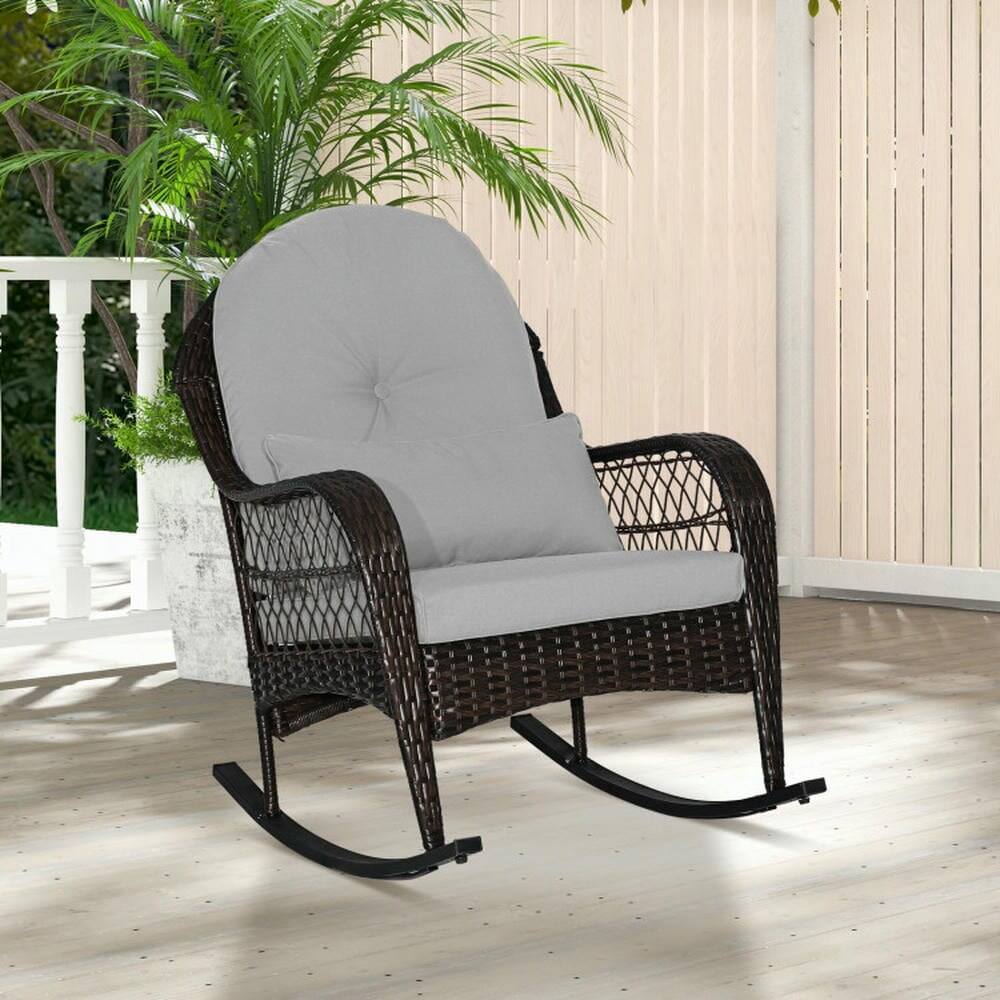 Angle. Kadyn - Rocking Patio Bistro Outdoor ChairsPatio Rattan Rocking Chair with Seat Back Cushions and Waist PillowGray - Gray.