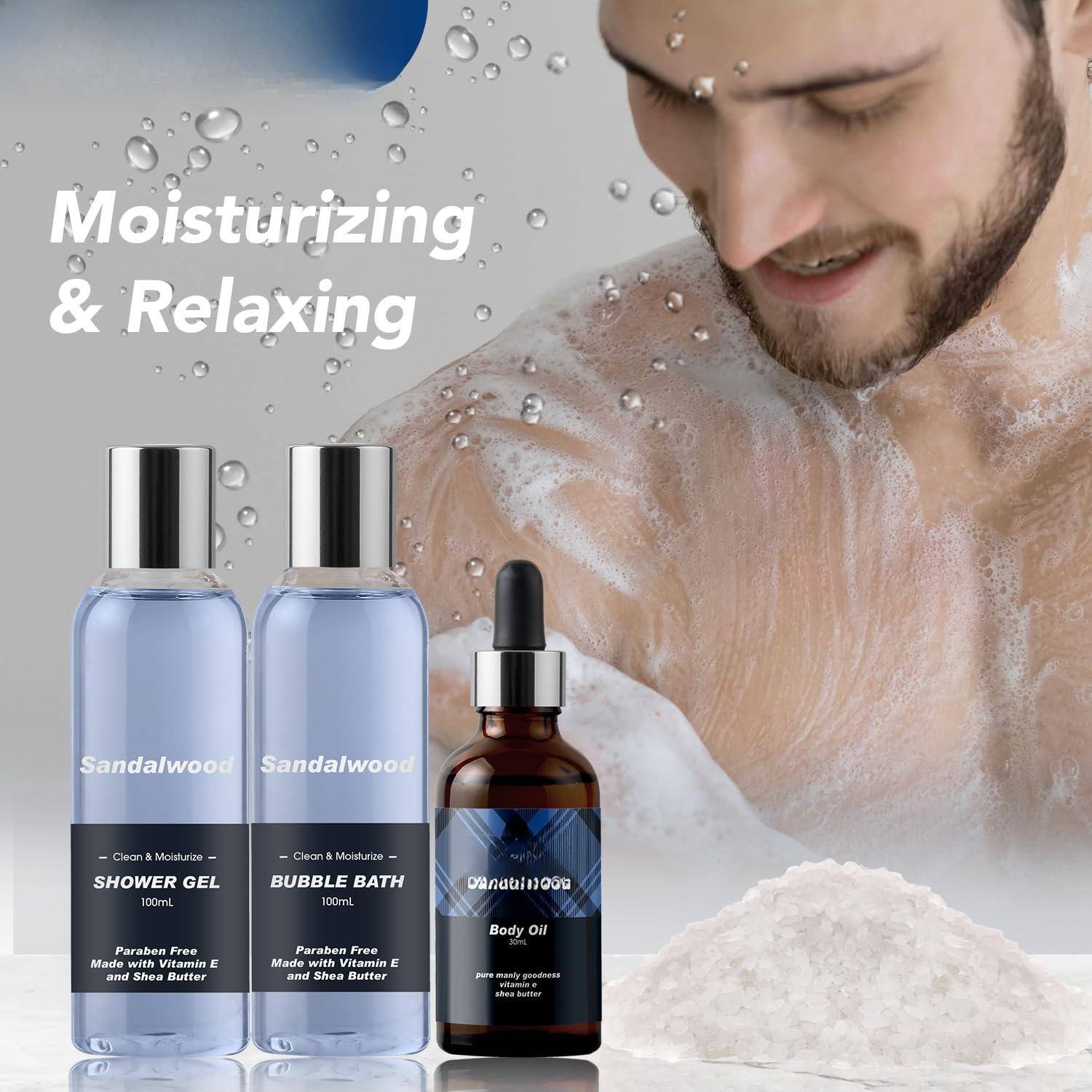 Moisturizing & Relaxing

Sandalwood  
Clean & Moisturize  
SHOWER GEL 100mL  
Paraben Free  
Made with Vitamin E and Shea Butter  

Sandalwood  
Clean & Moisturize  
BUBBLE BATH 100mL  
Paraben Free  
Made with Vitamin E and Shea Butter  

Body Oil  
Paraben Free  
Made with Vitamin E and Shea Butter  
pure, very good quality  
shea butter