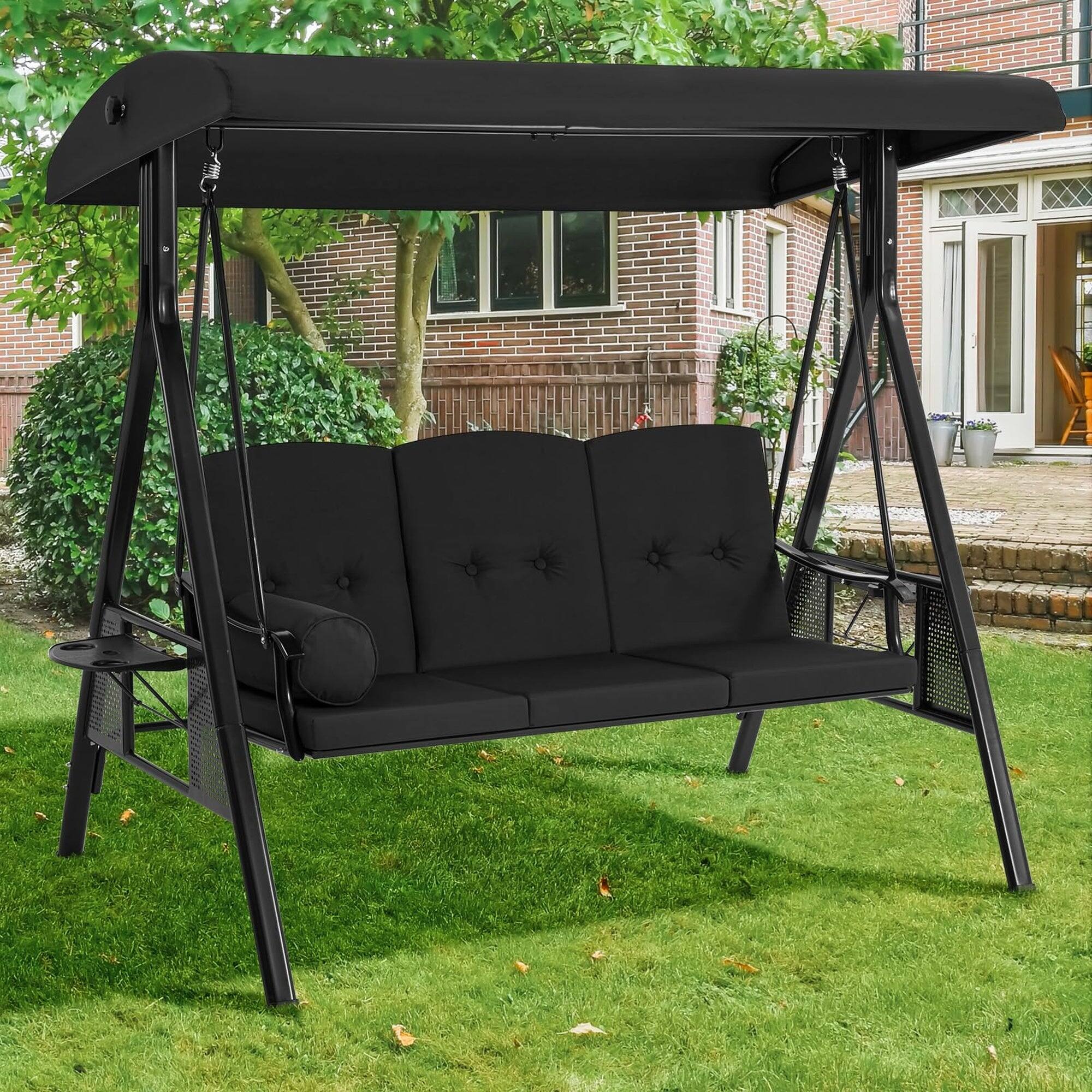 Alt View 3. Boyel Living - 3 Person Metal Patio Swing with Removable Cushion and Cup Holder Outdoor Porch Swing Chair - Black.
