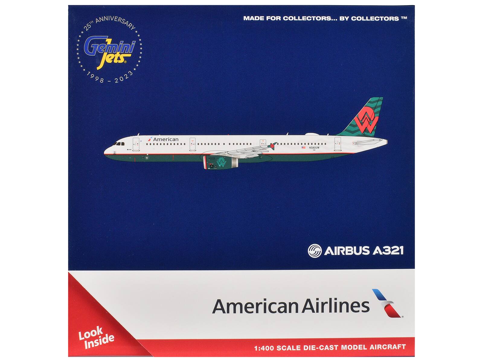 25th Anniversary  
Gemini Jets  
1998 - 2023  

MADE FOR COLLECTORS... BY COLLECTORS™  

American Airlines  
AIRBUS A321  

1:400 SCALE DIE-CAST MODEL AIRCRAFT  

Look Inside
