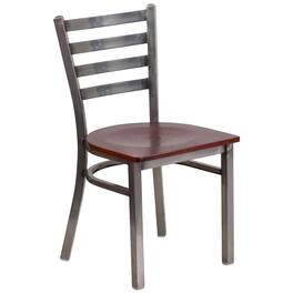 Emma + Oliver - Clear Coated Ladder Back Metal Restaurant Dining Chair - Mahogany Wood Seat/Clear Coated Metal Frame