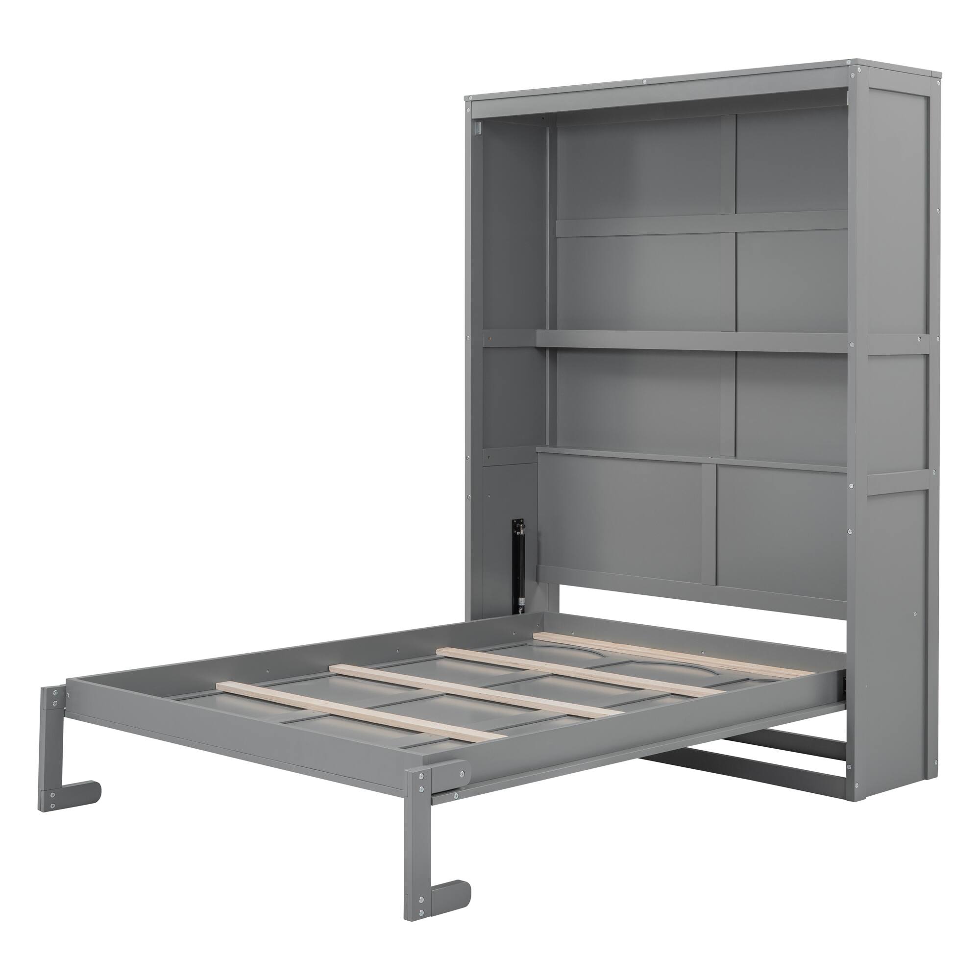 Alt View 1. Tiramisubest - Full Size Murphy Bed with Shelves, Gray, Solid Wood + MDF, Space-Saving - Gray.