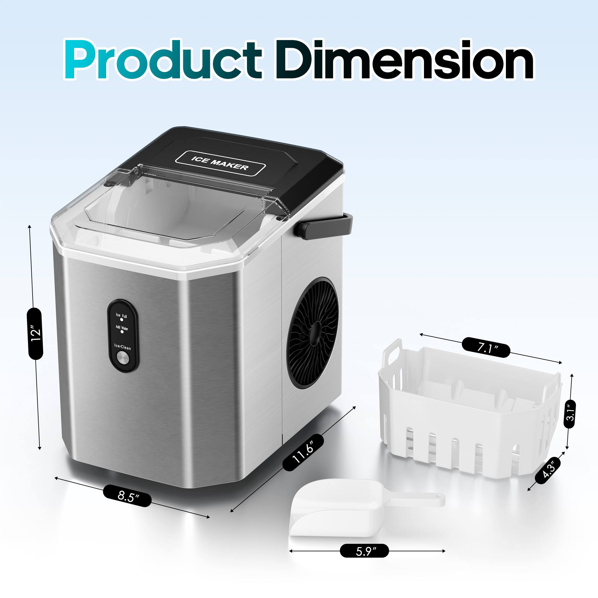 Product Dimension ICE MAKER 2 -M -- MESINAs 7.1" 8.5" 11.6" 3.1" 3 4.3" 5.9"