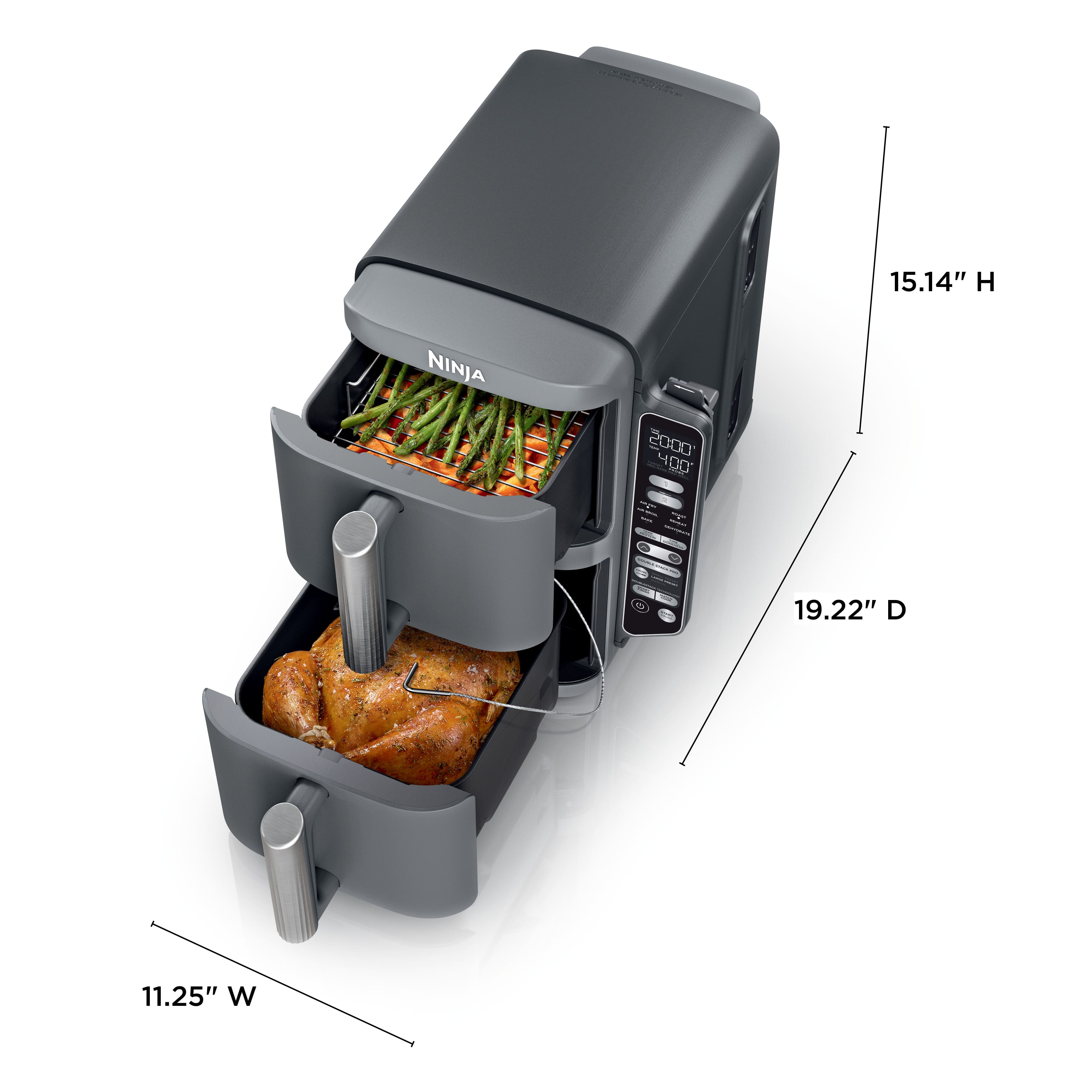 The image features a Ninja Foodi appliance, which is a combination of a pressure cooker and a microwave. The appliance is filled with food, including a mix of vegetables and meat. The image also includes a diagram with measurements, indicating that the appliance is 15.14 inches high, 19.22 inches deep, and 11.25 inches wide.