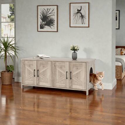 Front. BreeBe - Modern Cat Litter House for Two Cats with Concealed Litter Area - Oak.