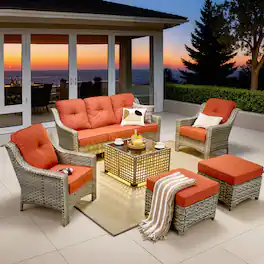 Ovios - 6 PCS Outdoor Patio Furniture Set 3 Seat Sofa Rattan Armchairs with Ottomans & Coffee Table - Coarse Orange Red