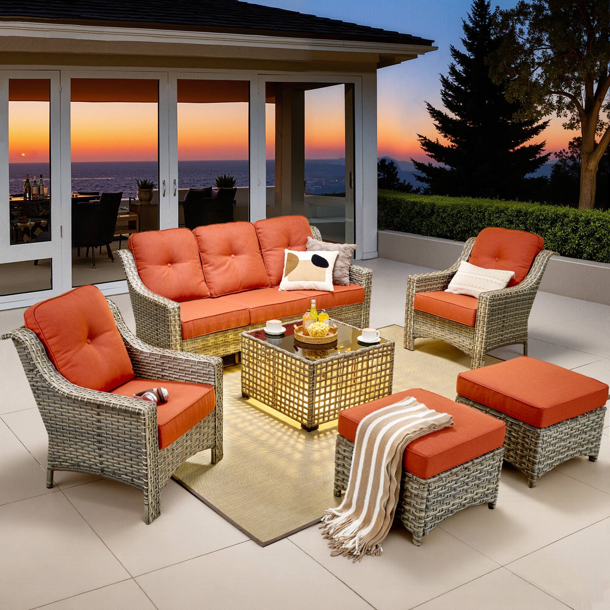 Front. Ovios - 6 PCS Outdoor Patio Furniture Set 3 Seat Sofa Rattan Armchairs with Ottomans & Coffee Table - Coarse Orange Red.