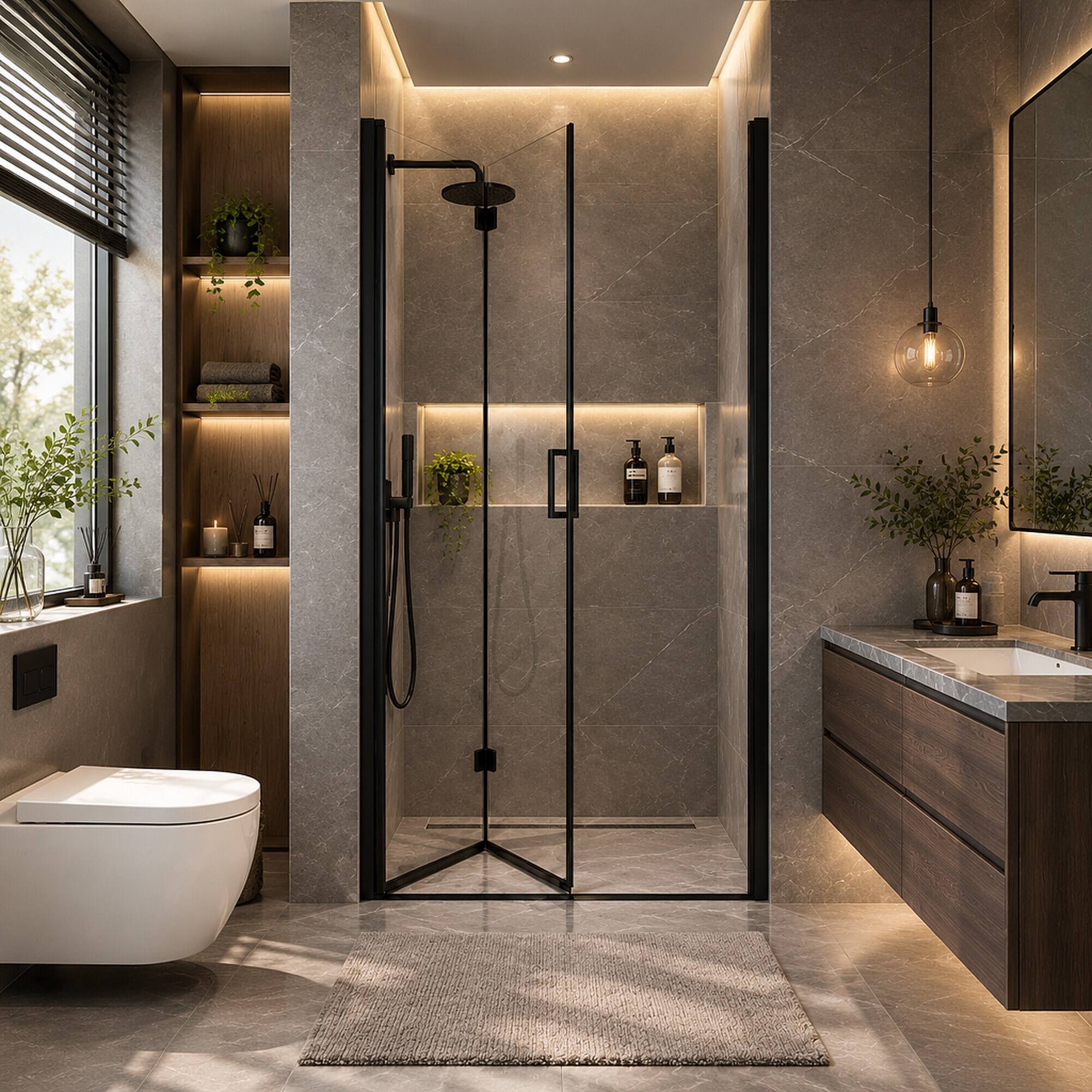 Angle. RYHNUYNE - 34-35.2 In W X 72 In H Semi-Frameless Folding Pivot Shower Door, 1/4 In Clear Tempered Glass Matte Black Finish - Matte Black.