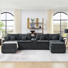 Ropilly - U Shaped Modular Sectional Sofa, Black Chenille Center Console Sectional for 6 Seat Living Room - Black