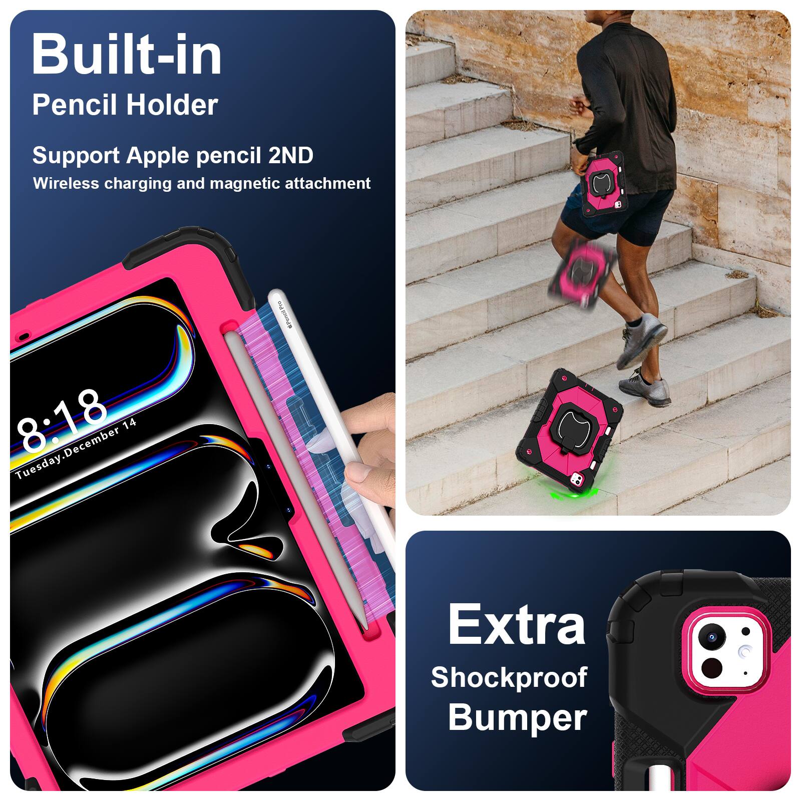 Built-in Pencil Holder  
Support Apple pencil 2ND  
Wireless charging and magnetic attachment  

Extra Shockproof Bumper
