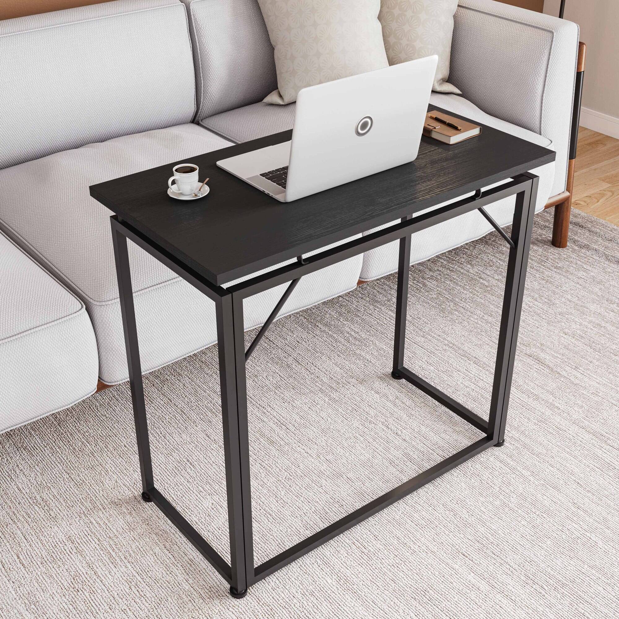 Left. GOODSILO - Compact Folding Desk for Small Spaces with Sturdy Steel Frame and Smooth Tabletop - Black.