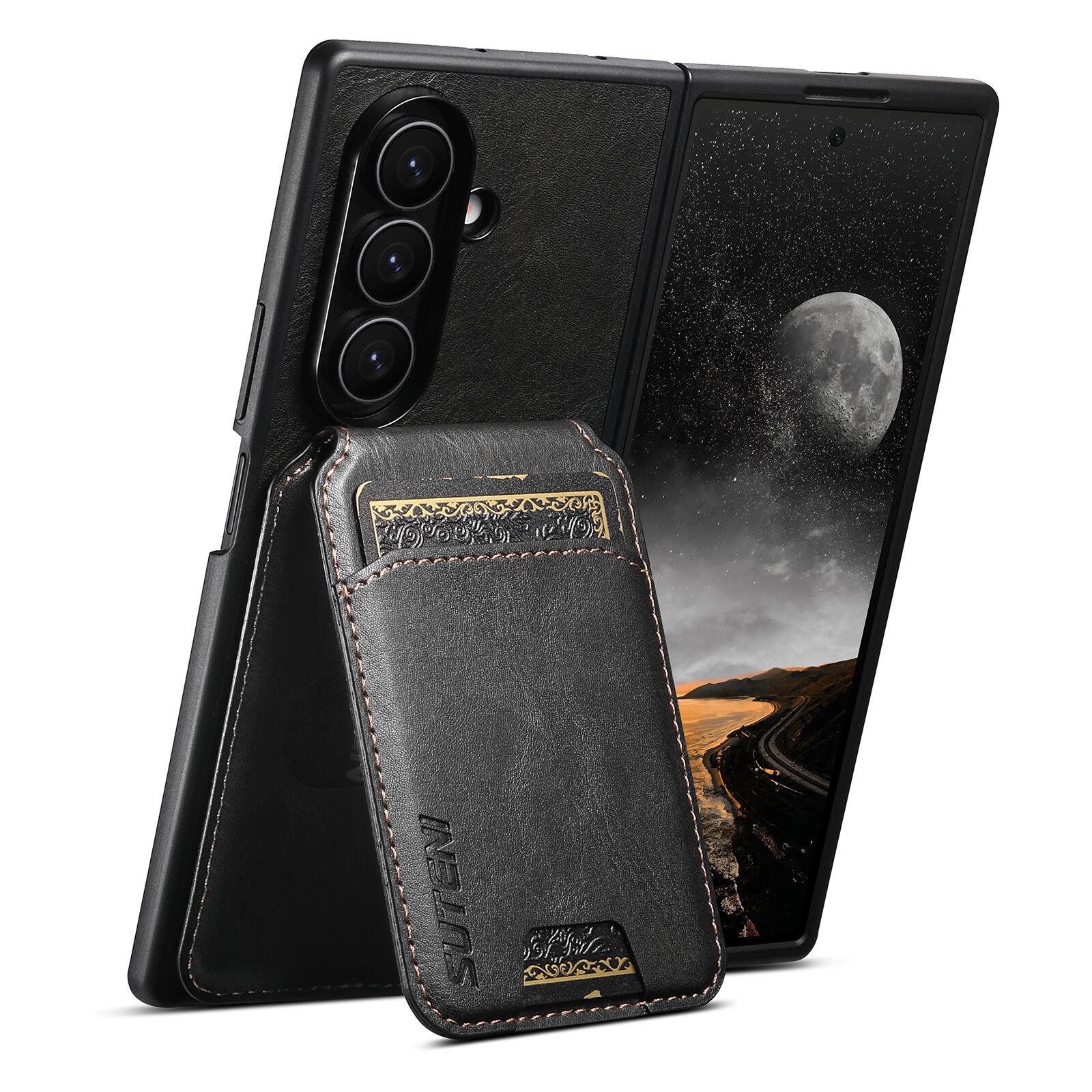 Angle. Dteck - Detachable Wallet Card Case for Samsung Galaxy Z Fold 8 Ultra, Shockproof PU Leather Flip Stand Cover - Black.