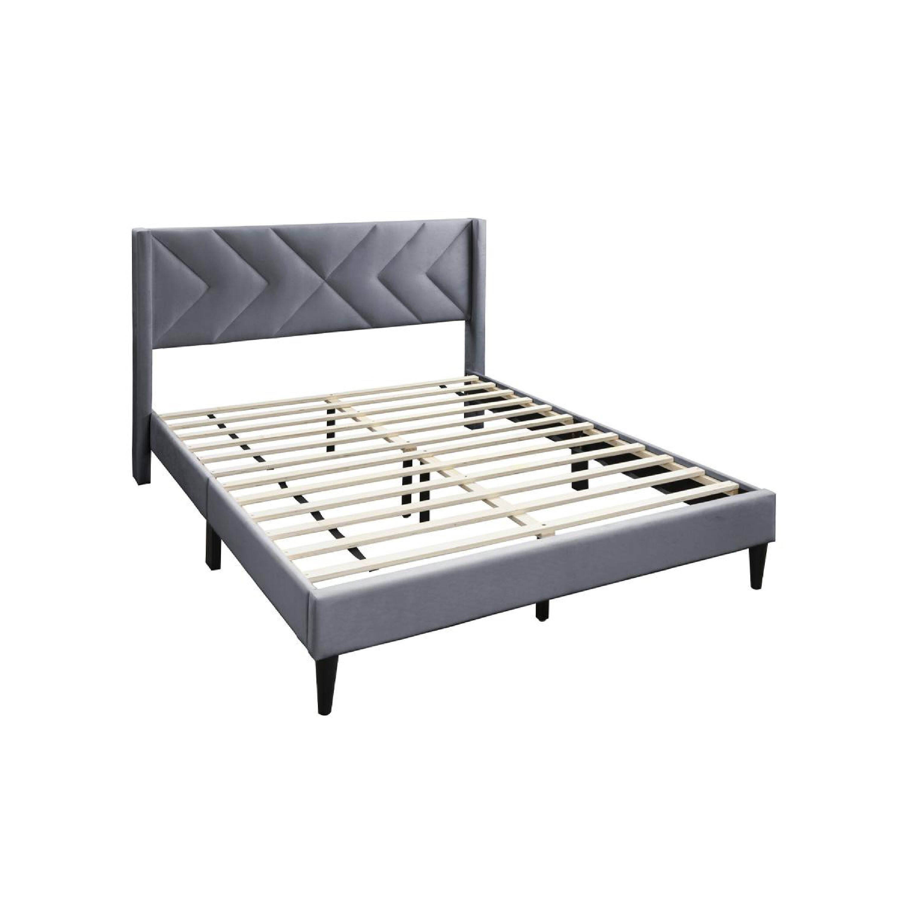 Alt View 3. Manhattan Lane - Reno Queen Size Bed, Modern X Channel Tufted Gray Velvet Upholstery - Gray, Black.