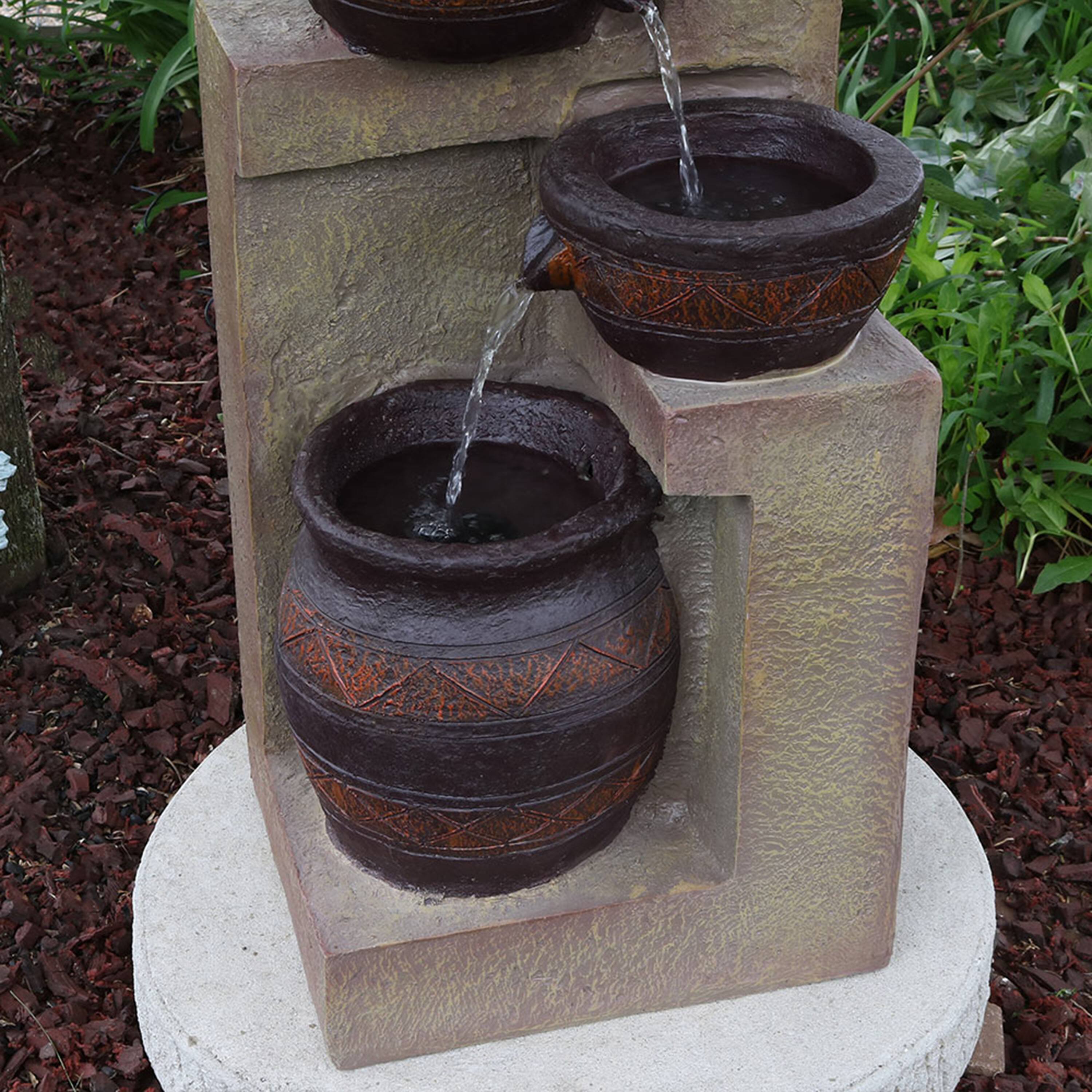 Alt View 5. Sunnydaze - Cascading Terra Bowl Solar Water Fountain with LED Lights - 30 in - Brown.