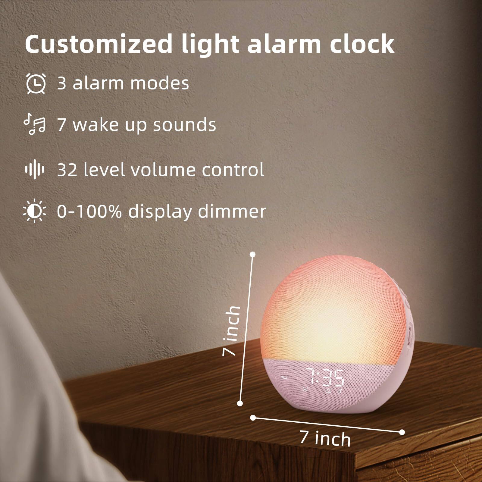 Customized light alarm clock

- 3 alarm modes
- 7 wake up sounds
- 32 level volume control
- 0-100% display dimmer

7 inch

7:35 PM