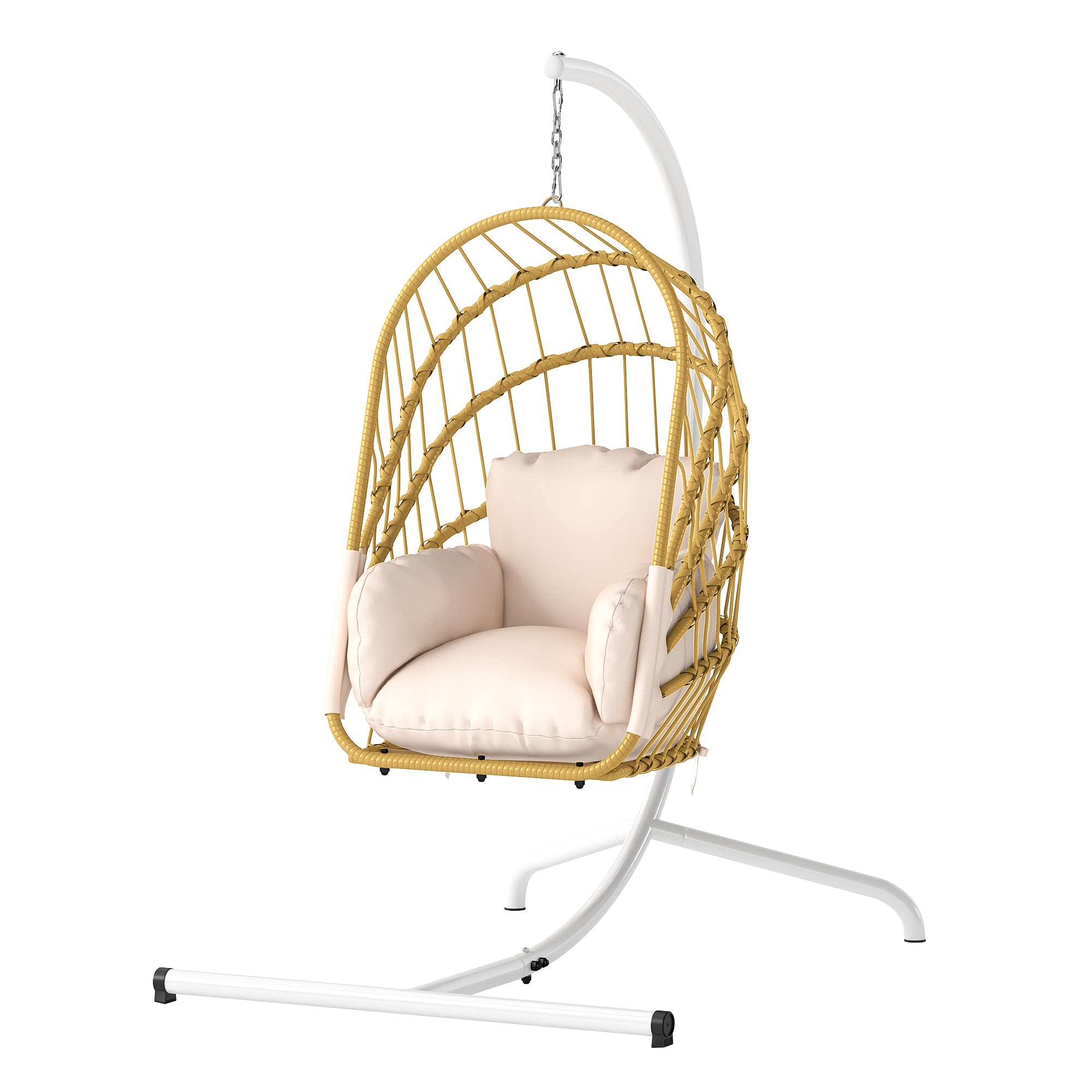 Alt View 6. Fabibe - Wicker Swing Egg Chair 300lbs Capacity - Foldable Hanging Hammock with Cushions & Stand, Indoor/Outdoor Patio... - Beige(w/ Stand).