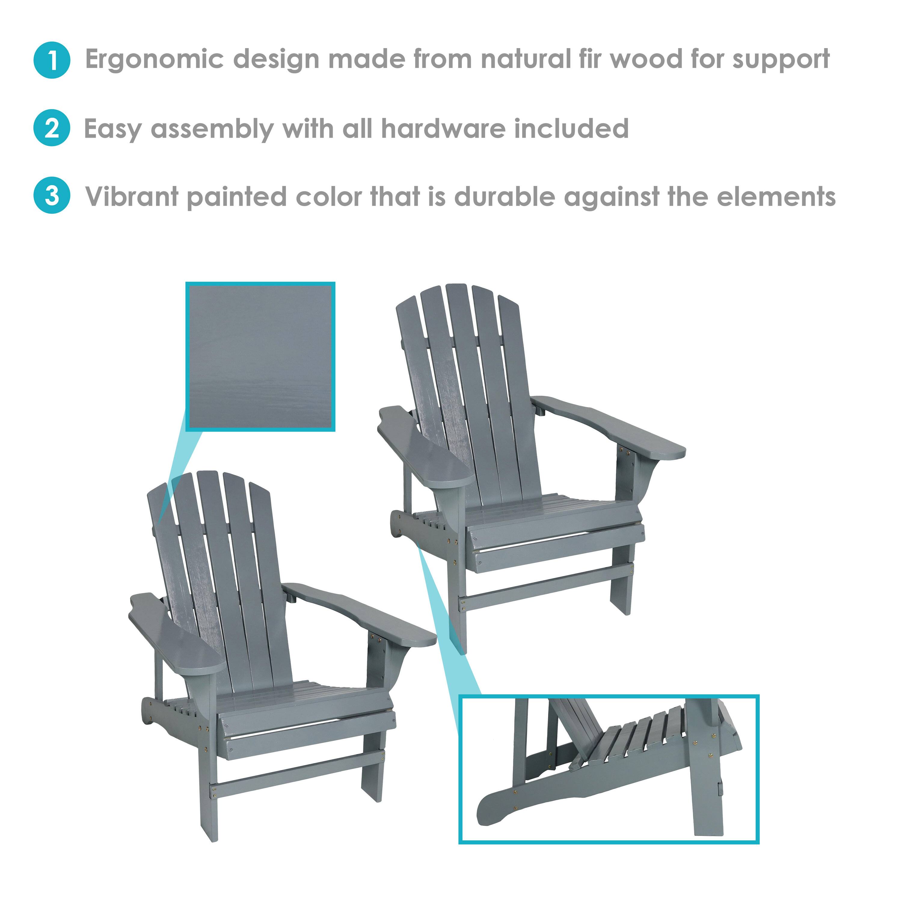 1. Ergonomic design made from natural fir wood for support  
2. Easy assembly with all hardware included  
3. Vibrant painted color that is durable against the elements