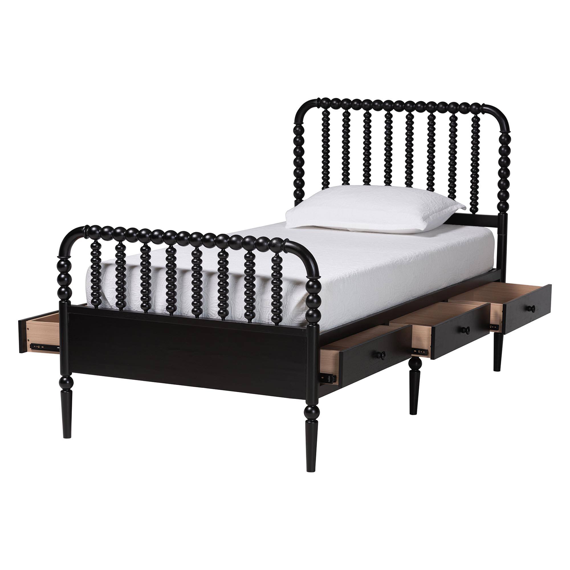 Angle. Baxton Studio - Lucera 6-Drawer Platform Bed with Bobbin Frame, Twin - Black.