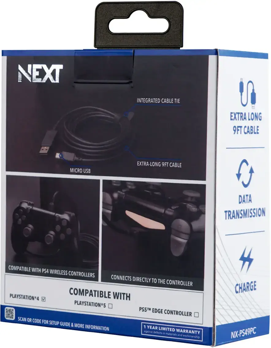 NEXT Integrated Cable Tie Extra Long 9FT Cable Micro USB Extra-Long 9FT Cable Data Transmission Compatible with PS4 Wireless Controllers Connects Directly to the Controller PlayStation*4 V Compatible with PlayStation*5 PS5TM Edge Controller Scan QR Code for Setup Guide & More 1-Year Limited Warranty against defects in materials and workmanship CHARGE NX-PS49PC