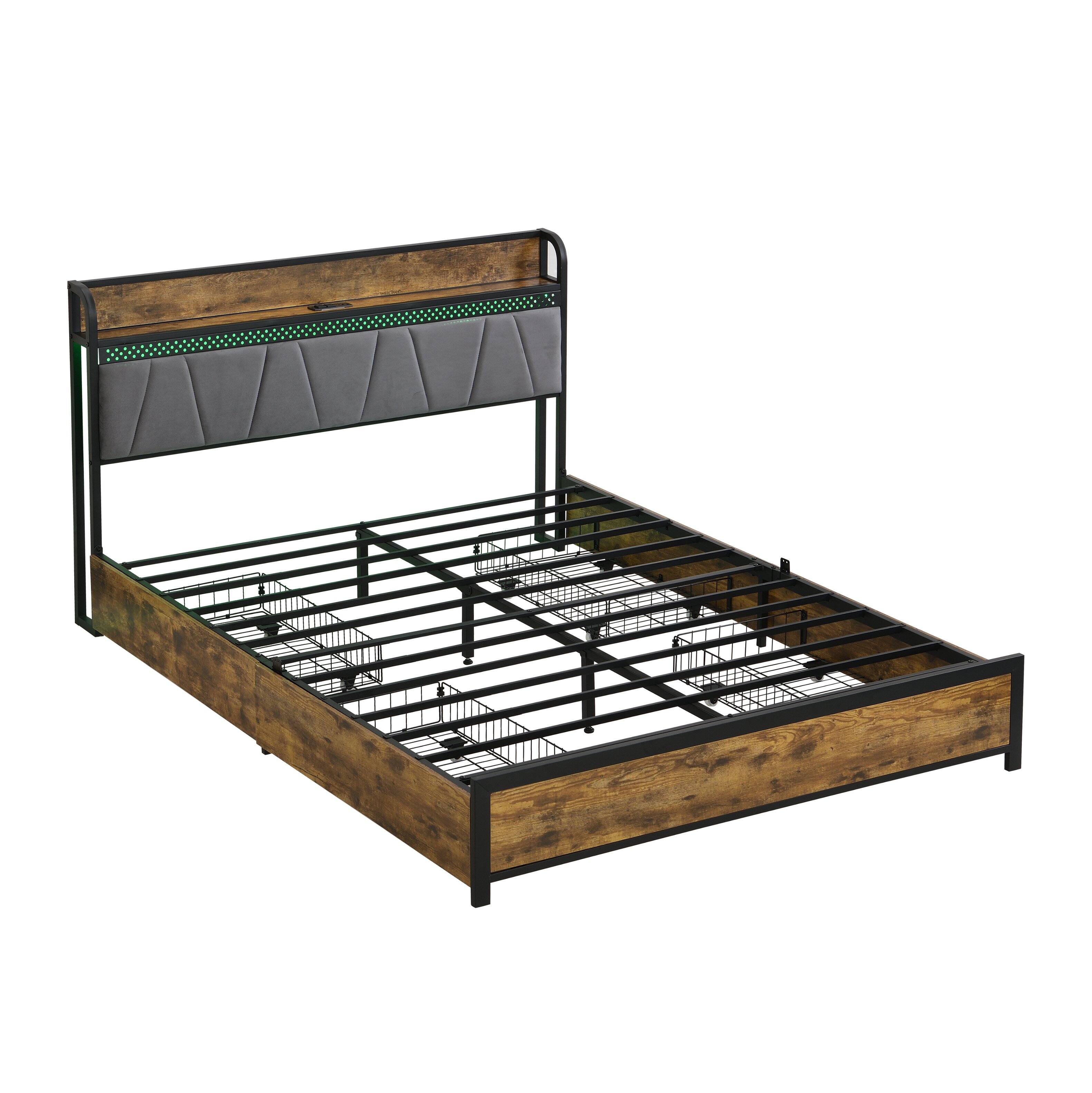 Back. LUCKY ONE - Queen Size Bed Frame with Charging Station,4 Storage Drawers and LED Lights - Brown+Grey.